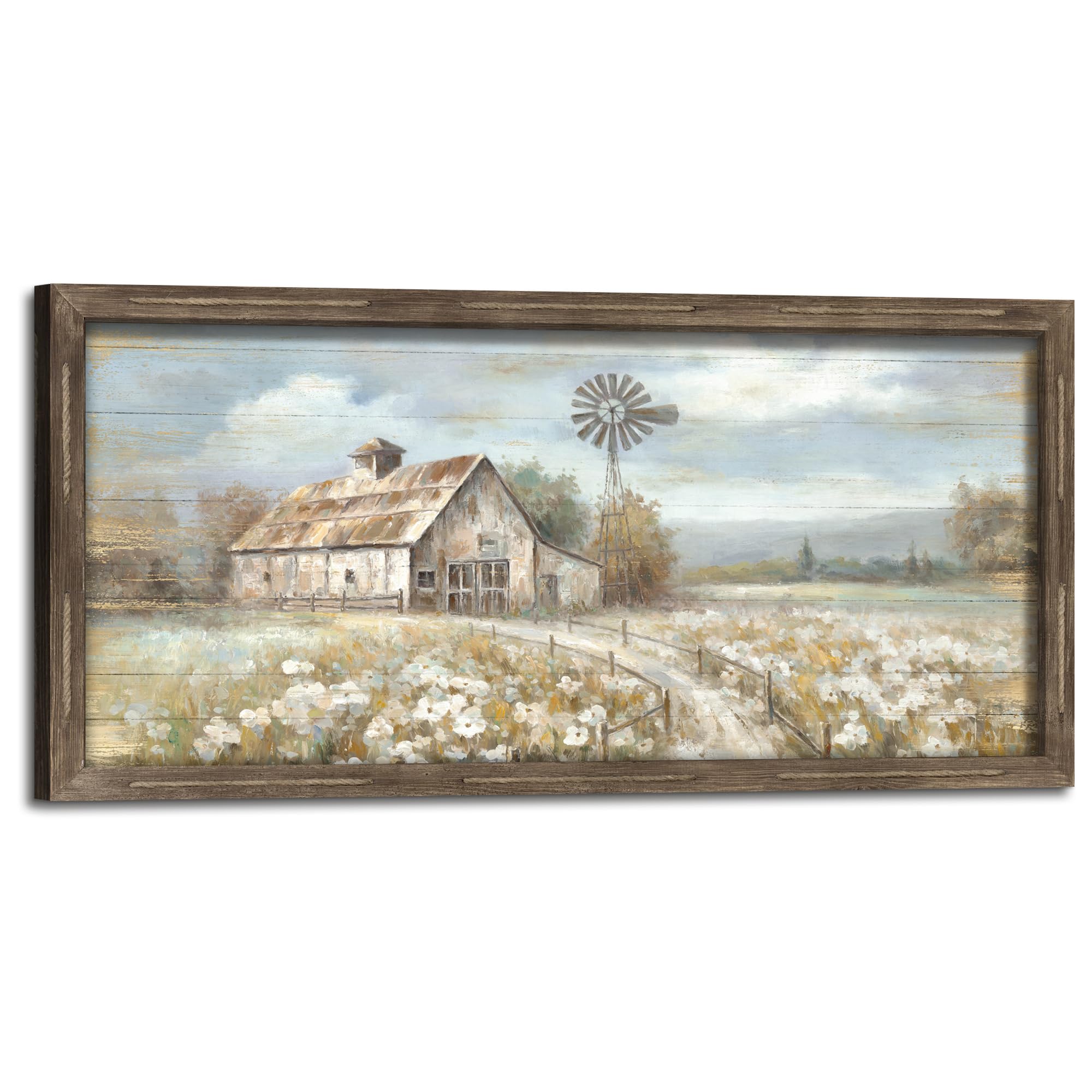 Farmhouse Framed Wall Art Decor: Rustic Country Scene Wood Picture Barn with American Flag Painting Artwork Farm Truck Countryside Print for Bedroom Home Living Room
