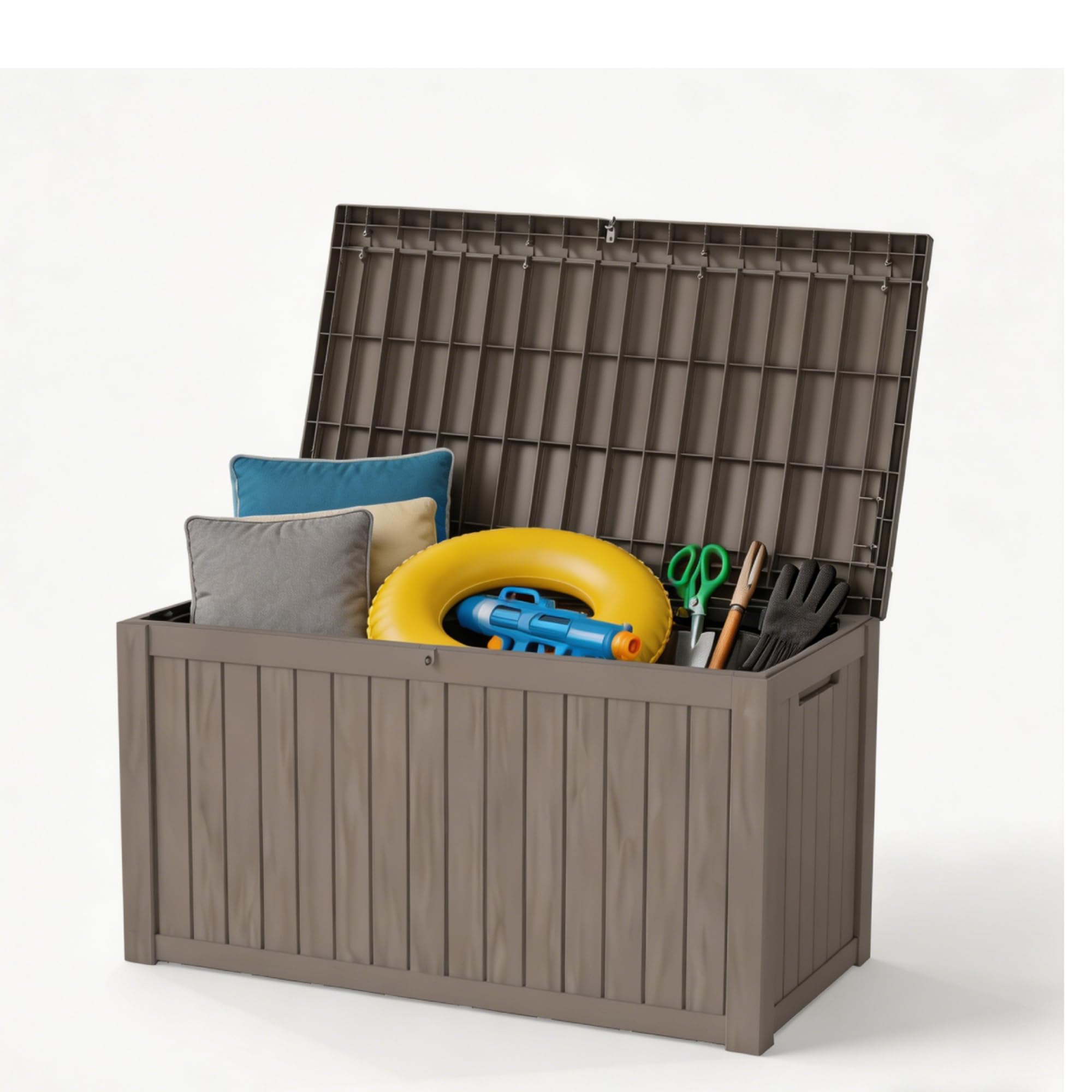 80 Gallon Deck Box with Wheels, Waterproof Resin Outdoor Storage, Easy Assembly, Rolling Bin for Patio Cushions, Pool Toys & Garden Tools, Brown