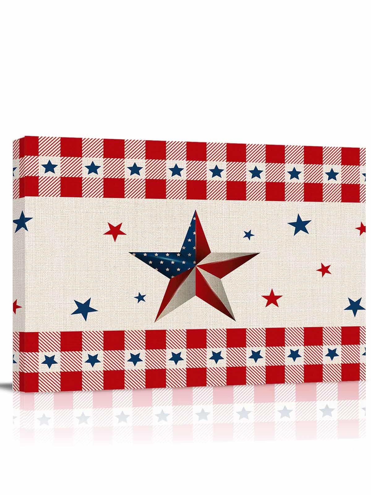 Vintage American Country Stars Blue Red Canvas Wall Art Retro Linen Burlap Wall Painting Canvas Picture Prints Framed Artwork for Office Bedroom Bathroom Kitchen Home Decorations,20x16In