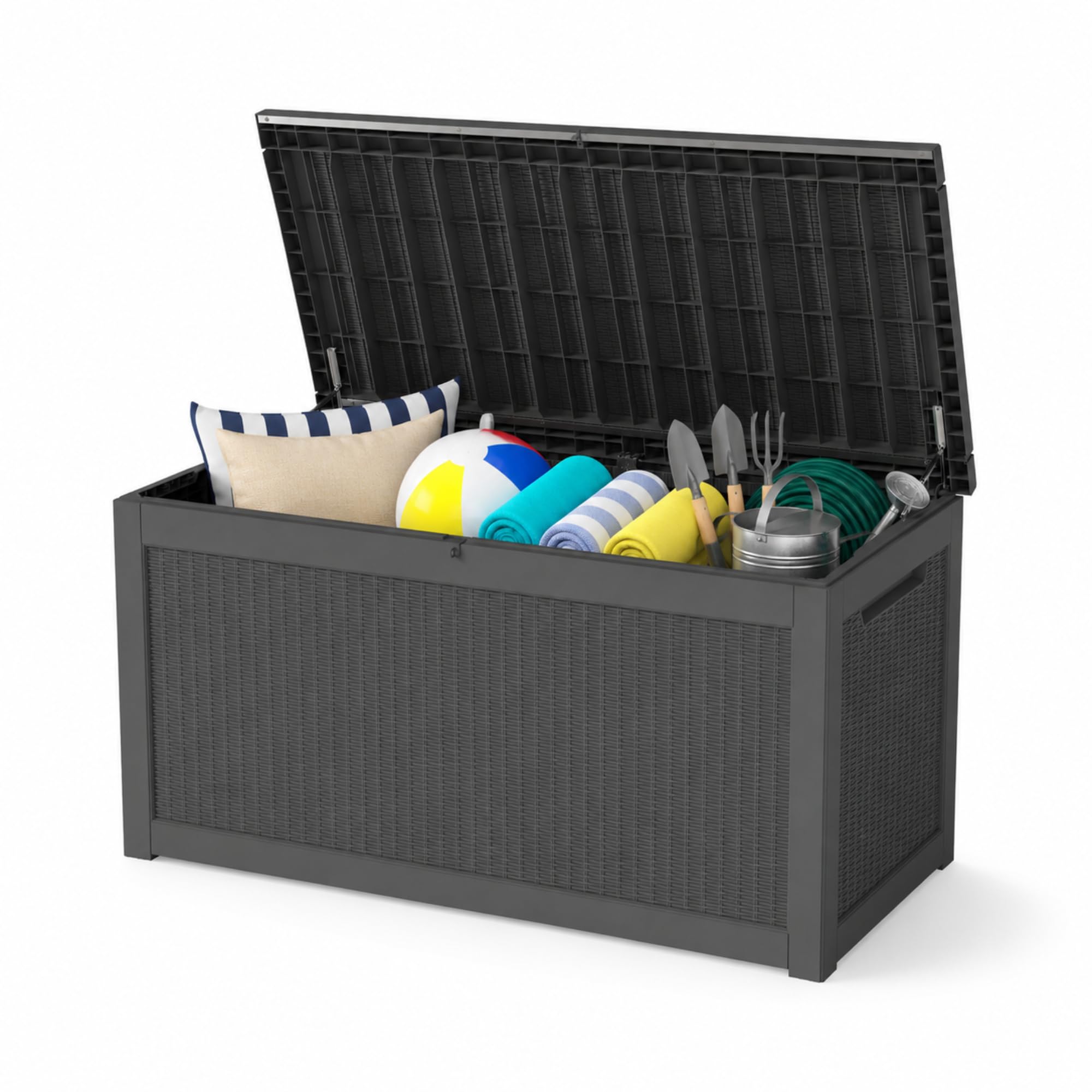 80 Gallon Deck Box with Wheels, Waterproof Resin Outdoor Storage, Easy Assembly, Rolling Bin for Patio Cushions, Pool Toys & Garden Tools, Brown