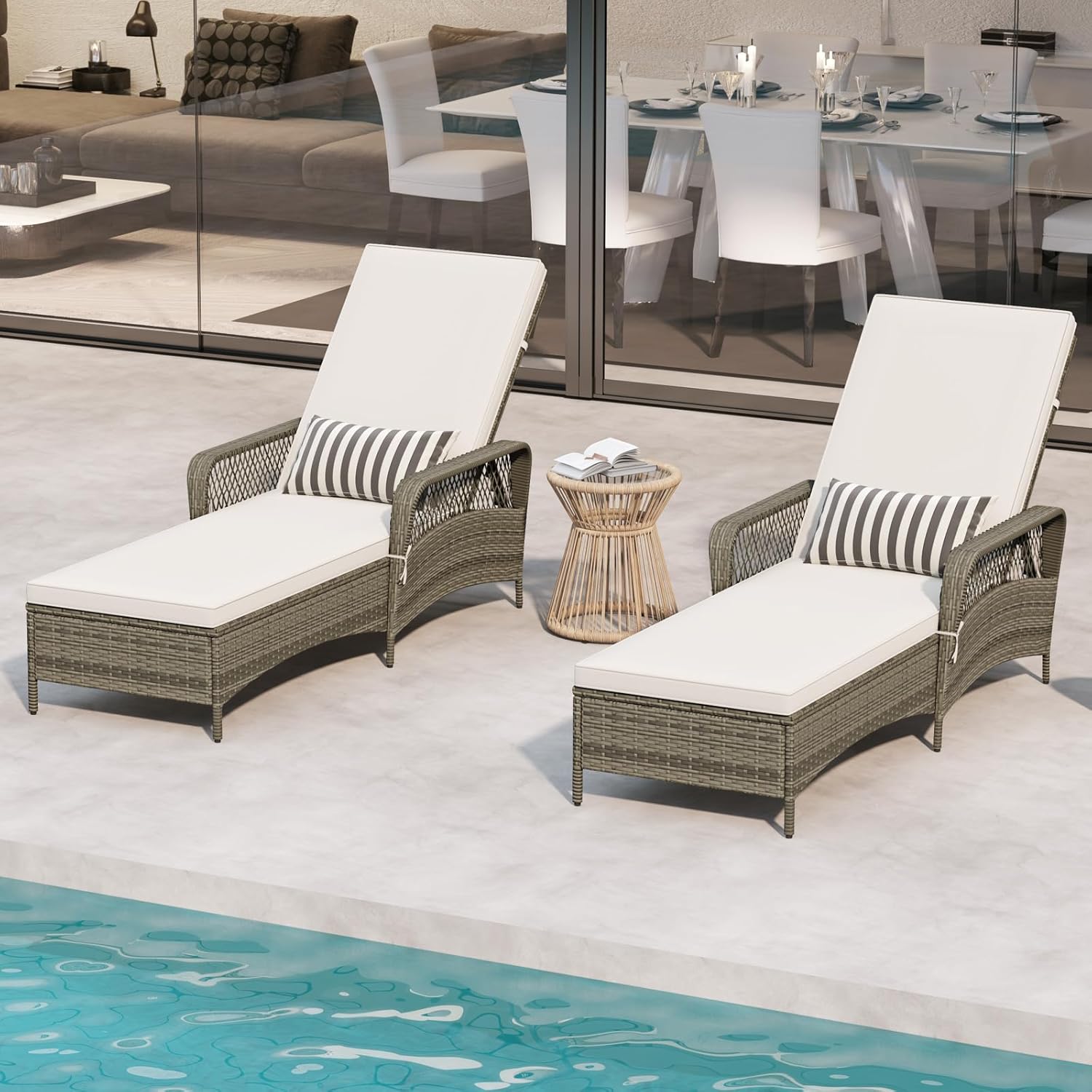 Wicker Chaise Lounge Chair, Patio Rattan Recliner with 6-Position Adjustable Backrest, Soft Cushions, Removable Lumber Pillow & Armrests, Lounger Chair for Poolside & Backyard (Off White)