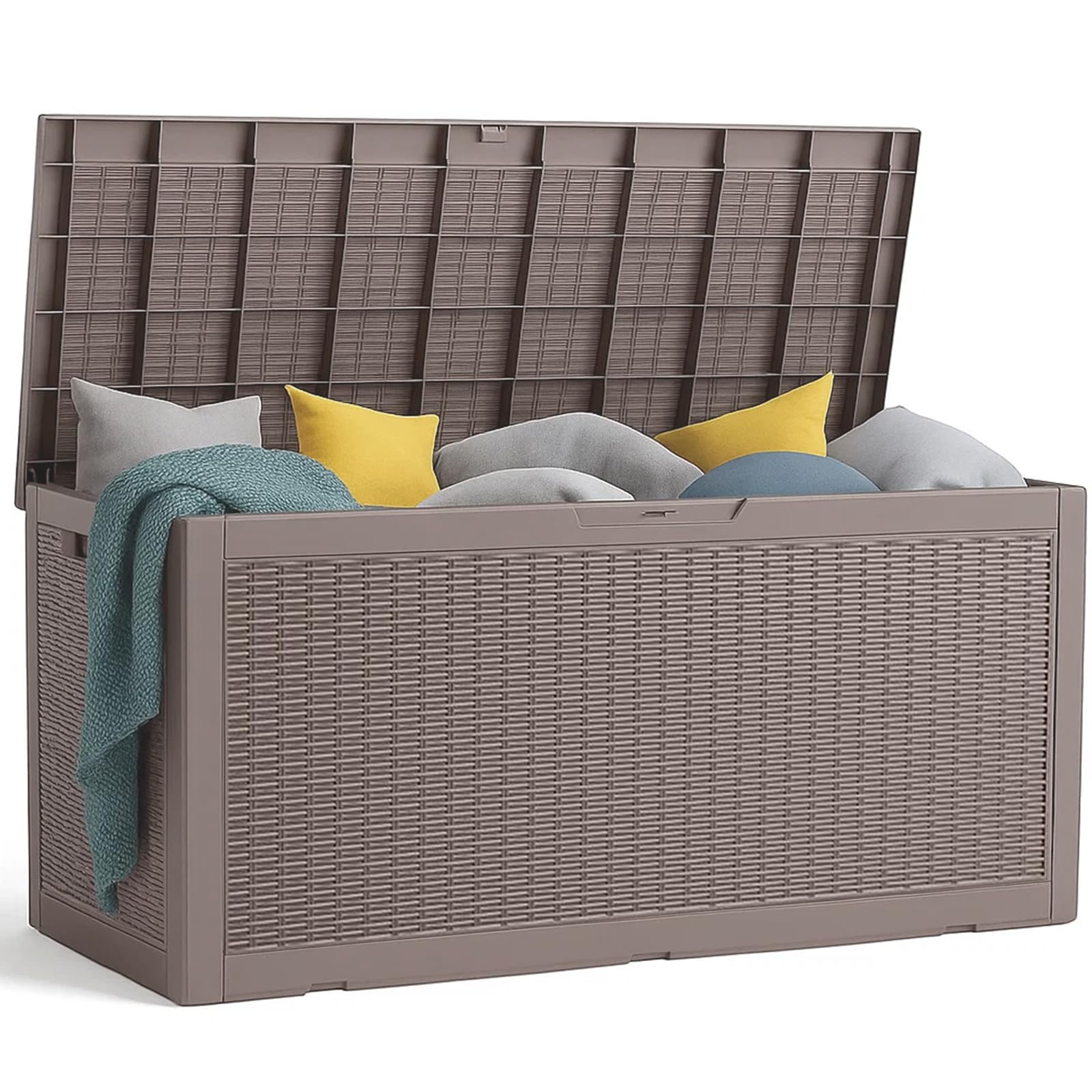 PatioZen 31 Gallon Wicker Pattern Resin Deck Box, Lockable Patio Outdoor Storage Box for Furniture, Garden Tools and Tools Storage, Waterproof Outside Storage Box (Grey)
