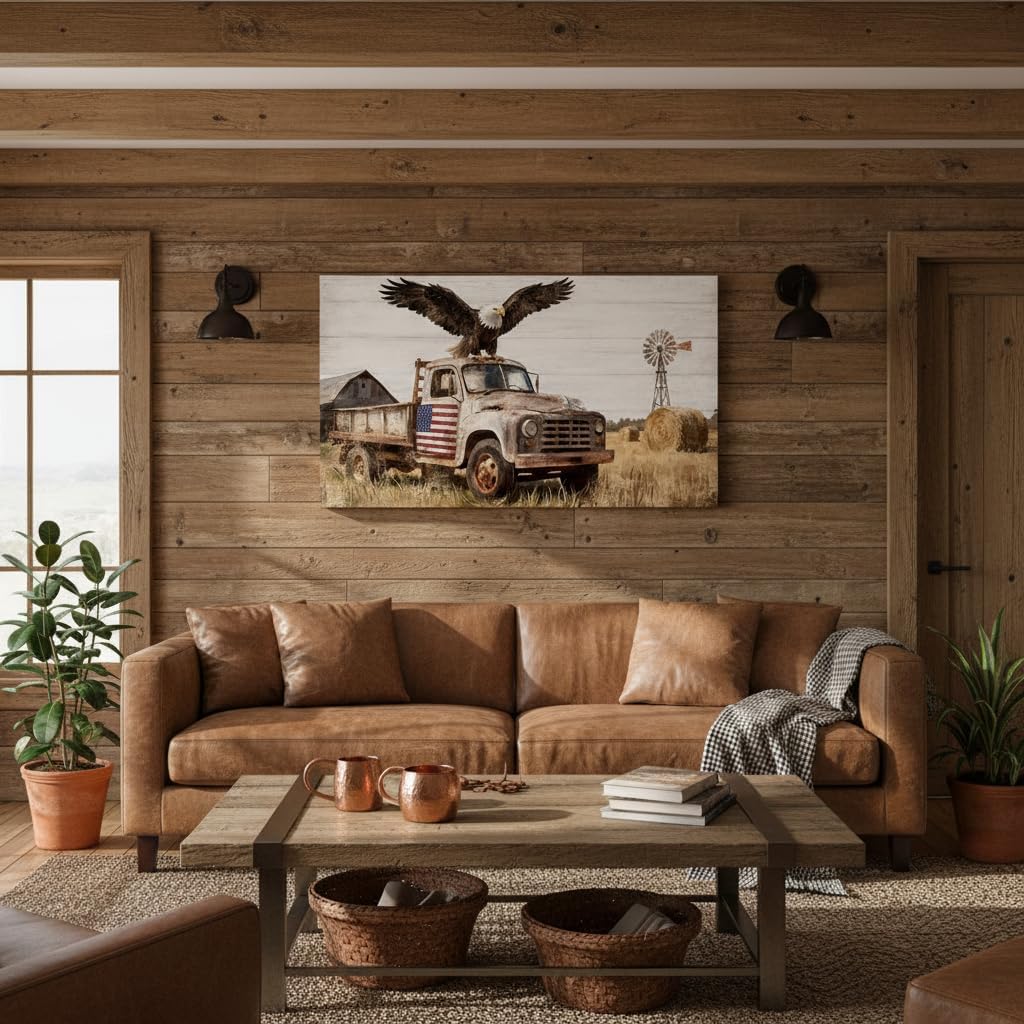 Fochorlo Farm Wall Decor Rustic Truck Wall Art Bald Eagle Painting American Flag Picture for Living Room Bed Room 20"X36"