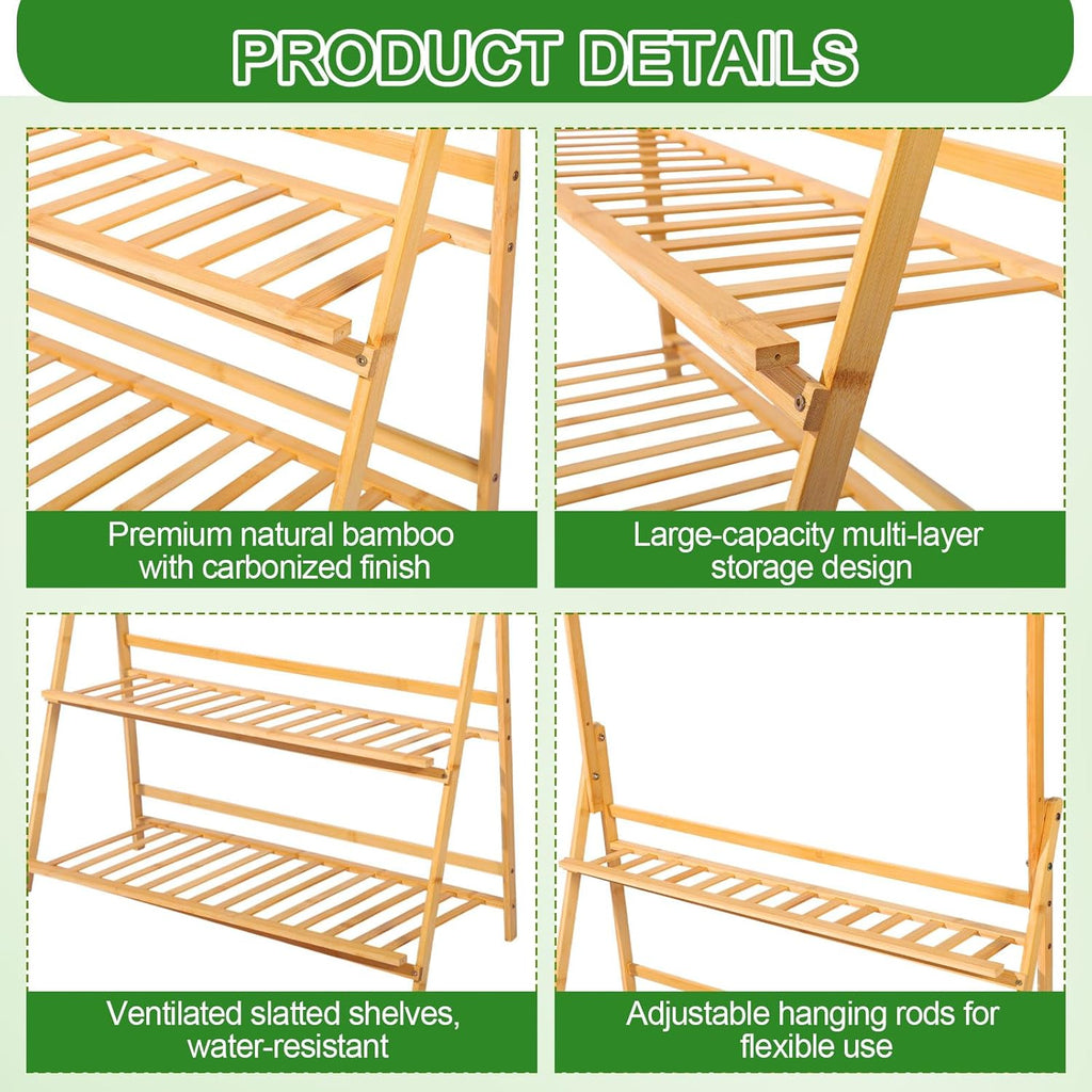 Leinuosen 2 Pcs 50.4" Bamboo 3-tier Tall Plant Stand with Hanging Shelf, Indoor & Outdoor Ladder Flower Pot Display Shelf Wooden Tall Foldable Plant Stand Holder for Garden Patio Balcony Living Room