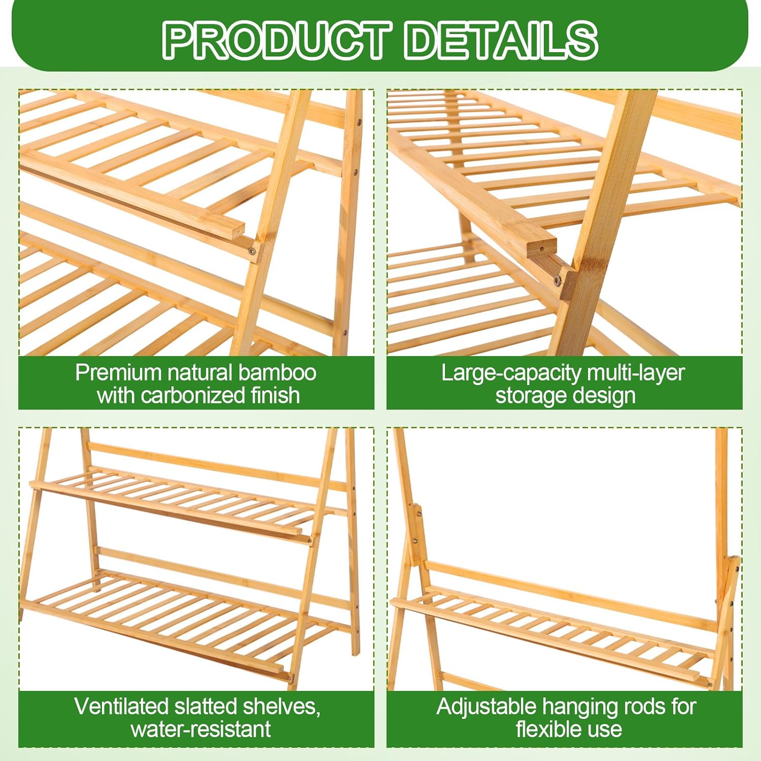 Leinuosen 2 Pcs 50.4" Bamboo 3-tier Tall Plant Stand with Hanging Shelf, Indoor & Outdoor Ladder Flower Pot Display Shelf Wooden Tall Foldable Plant Stand Holder for Garden Patio Balcony Living Room