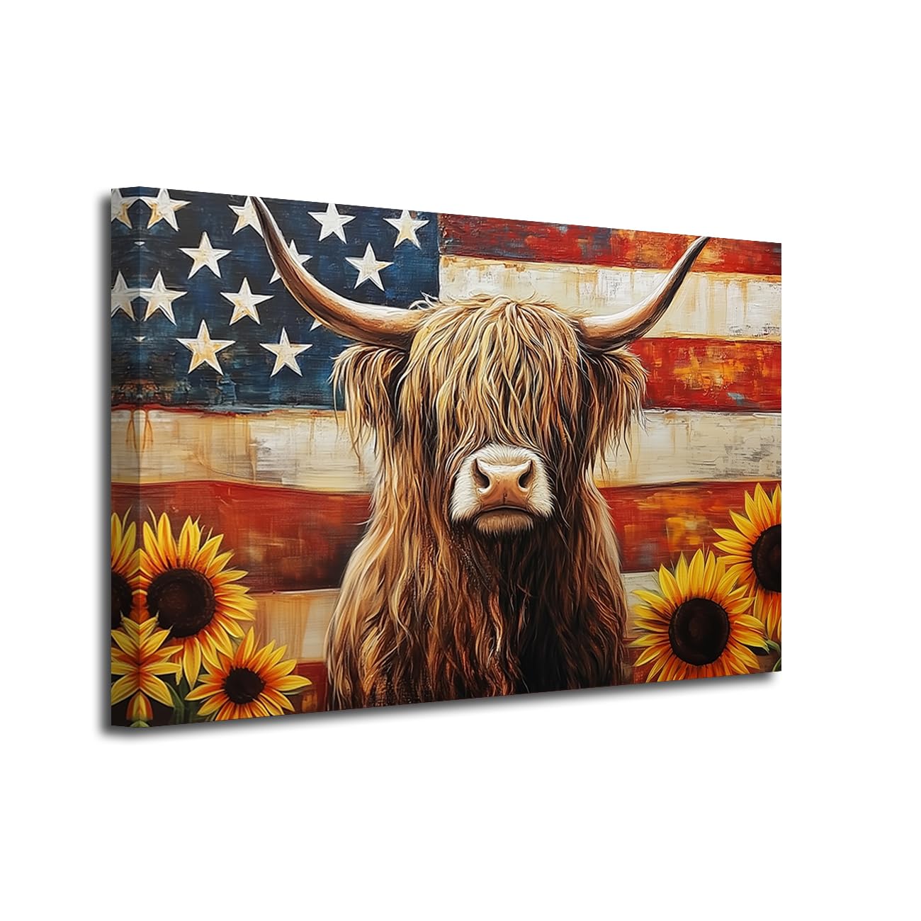 LZIMU American Flag Wall Art Highland Cow Canvas Print Fluffy Longhaired Cow Painting Vintage USA Flag Rustic Farmhouse Decor for Man Cave Office Framed (Gray, 16" L x 20" W)