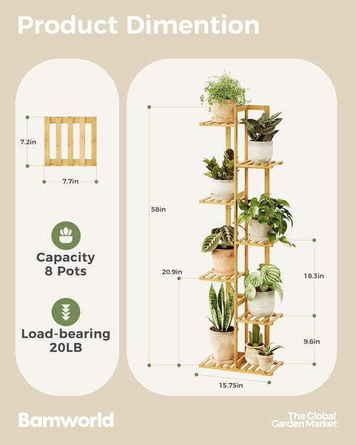 7-Tier Bamboo Plant Stand, Indoor Outdoor Corner Flower Shelf