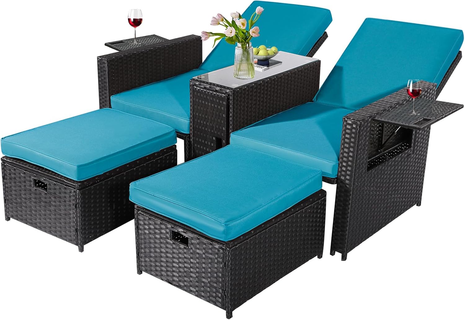 5PCS Outdoor Wicker Chaise Lounge Chair - Rattan Adjustable Reclining Patio Lounge Chair with Ottoman and Coffee Table, for Patio Beach Pool Backyard (Black Wicker Khaki Cushion)