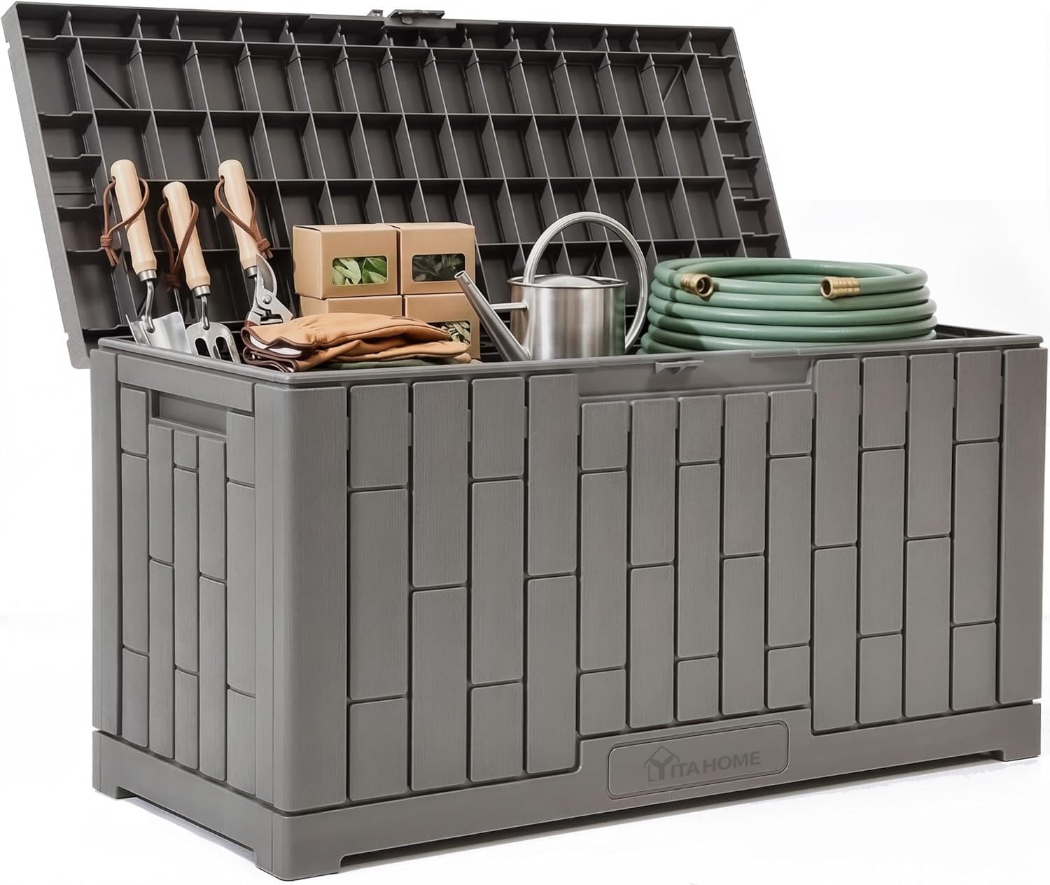 YITAHOME 80 Gallon Resin Deck Box, Weather Resistant Outdoor Rattan Storage Box, Lockable Indoor Outdoor Storage for Supplies and Essentials, Dark Gray