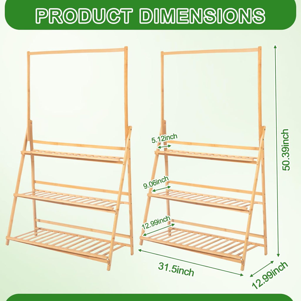 Leinuosen 2 Pcs 50.4" Bamboo 3-tier Tall Plant Stand with Hanging Shelf, Indoor & Outdoor Ladder Flower Pot Display Shelf Wooden Tall Foldable Plant Stand Holder for Garden Patio Balcony Living Room