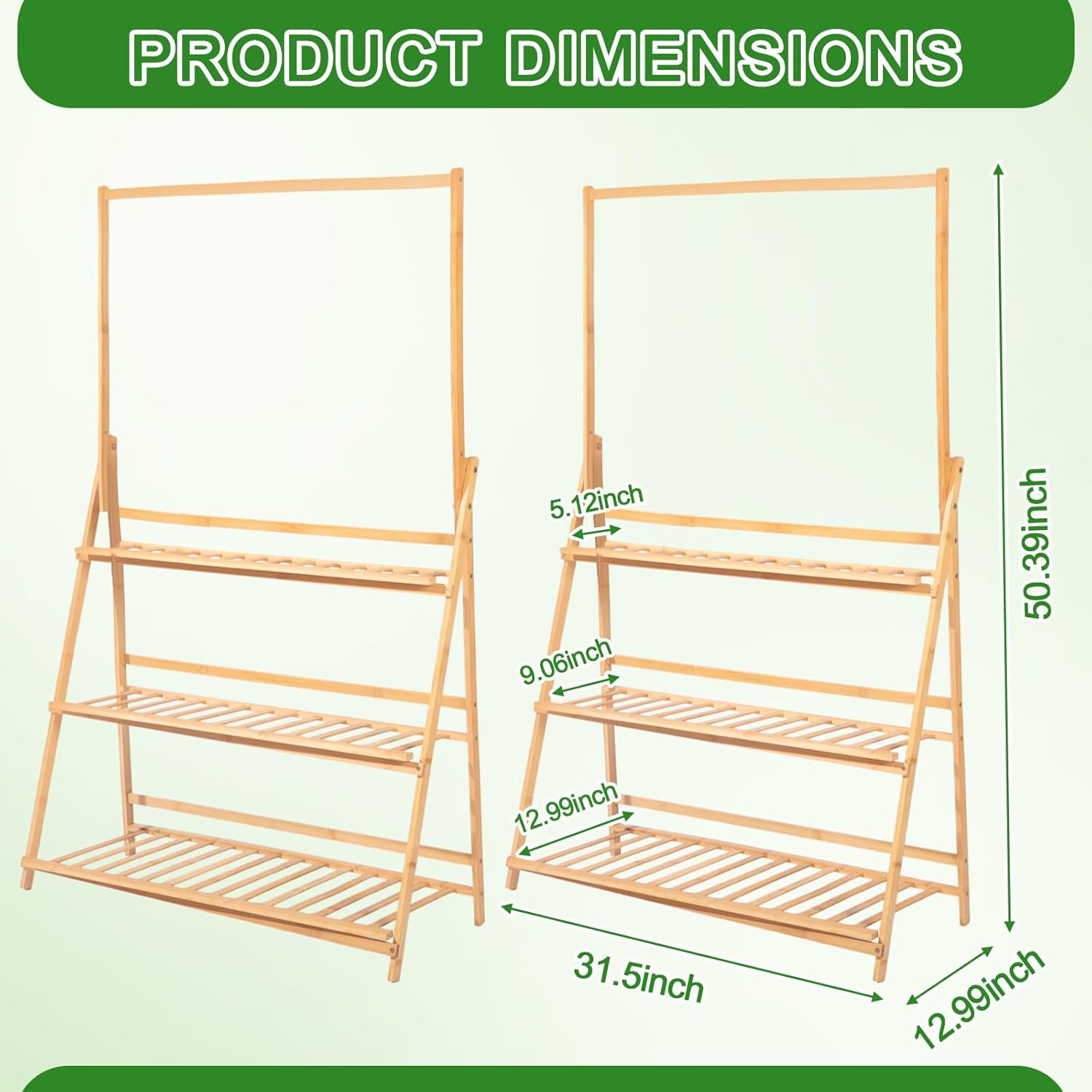 Leinuosen 2 Pcs 50.4" Bamboo 3-tier Tall Plant Stand with Hanging Shelf, Indoor & Outdoor Ladder Flower Pot Display Shelf Wooden Tall Foldable Plant Stand Holder for Garden Patio Balcony Living Room