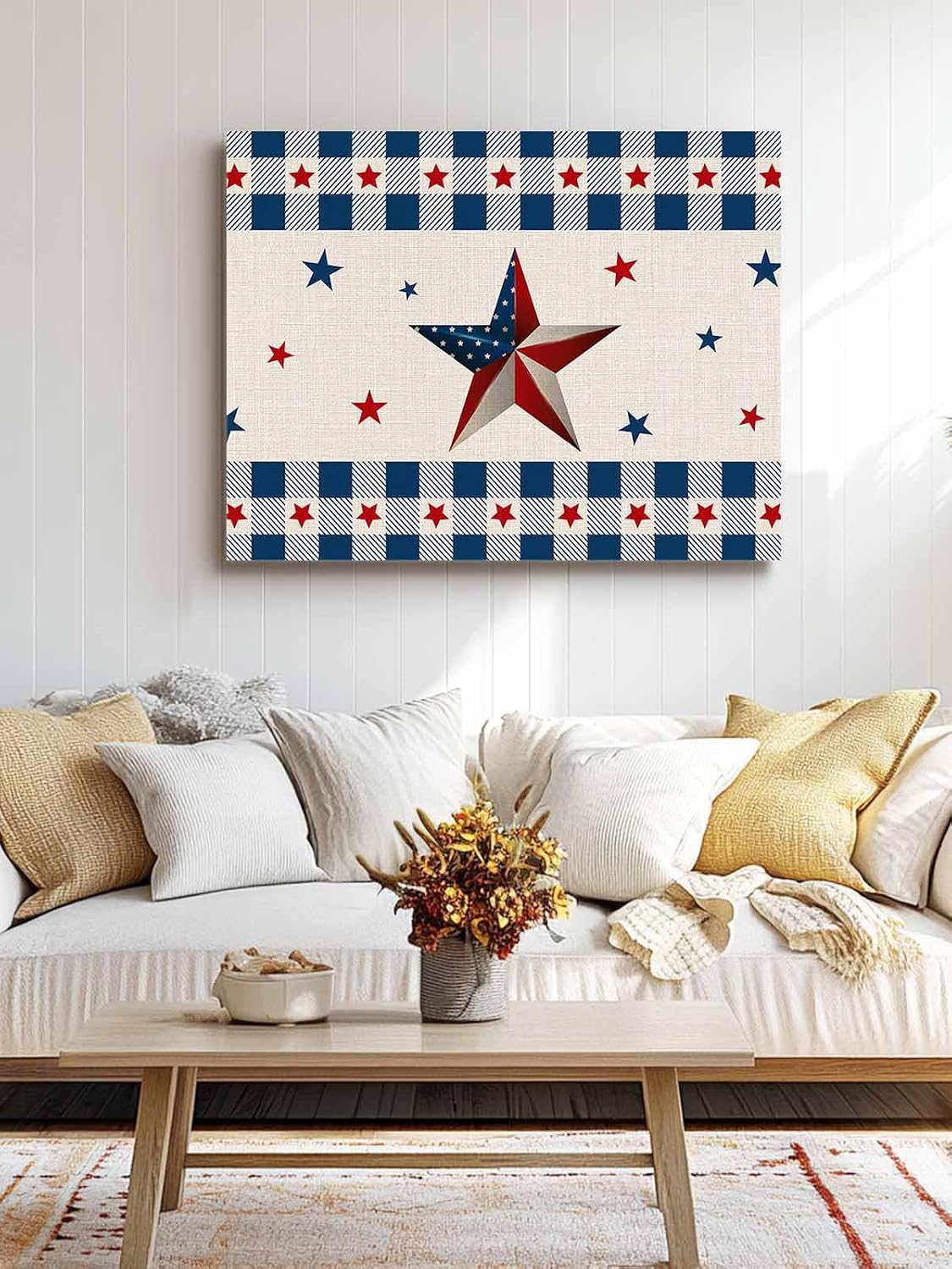 Vintage American Country Stars Blue Red Canvas Wall Art Retro Linen Burlap Wall Painting Canvas Picture Prints Framed Artwork for Office Bedroom Bathroom Kitchen Home Decorations,20x16In