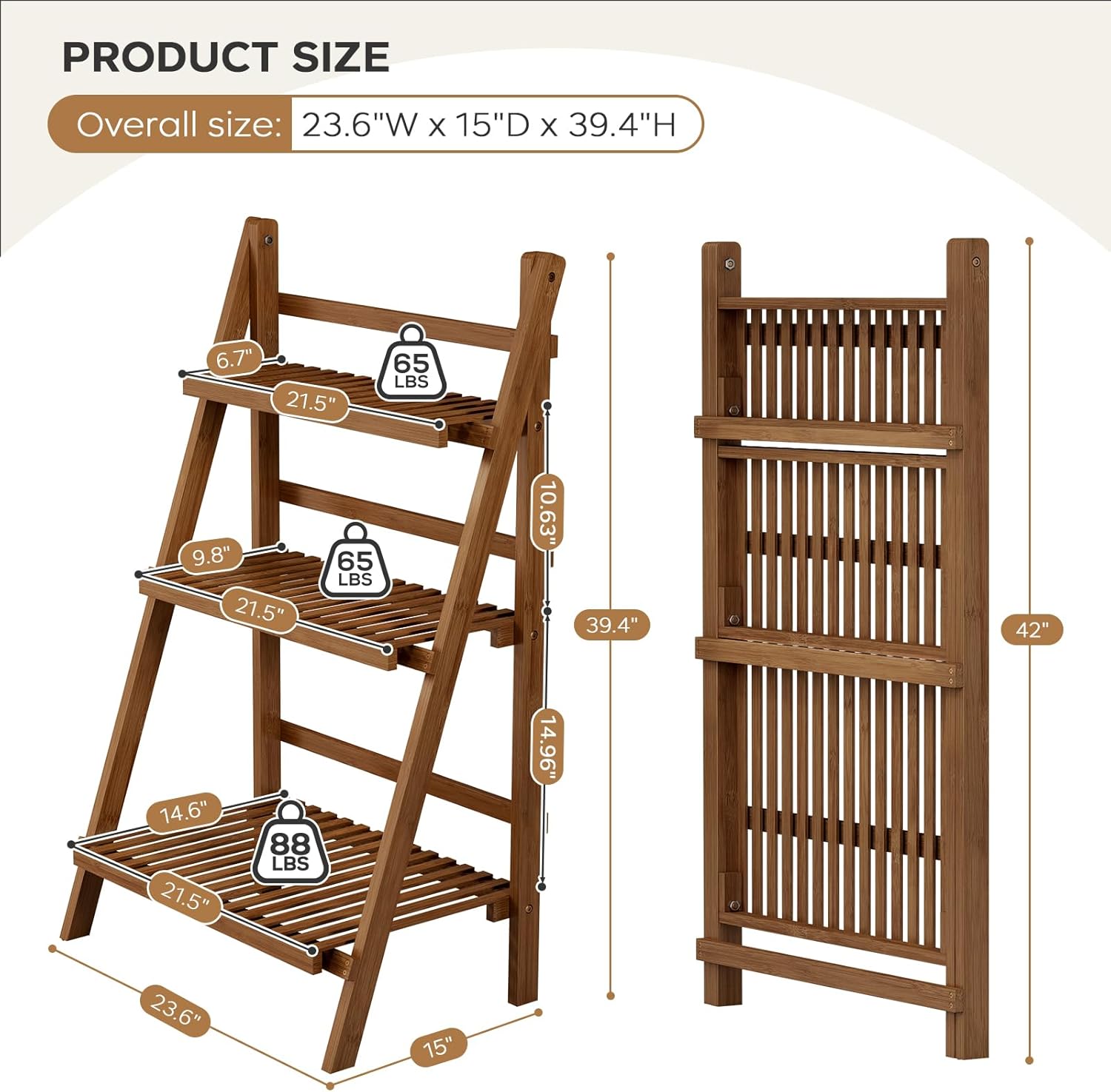 39.4" Bamboo Ladder Shelf Plant Shelf, 3 Tier Foldable Ladder Flower Pot Display Shelf Rack, 23.6"W x 15"D x 39.4"H, Freestanding Bookshelf for Garden, Balcony, Yard, Patio, Lawn, Living Room, Walnut