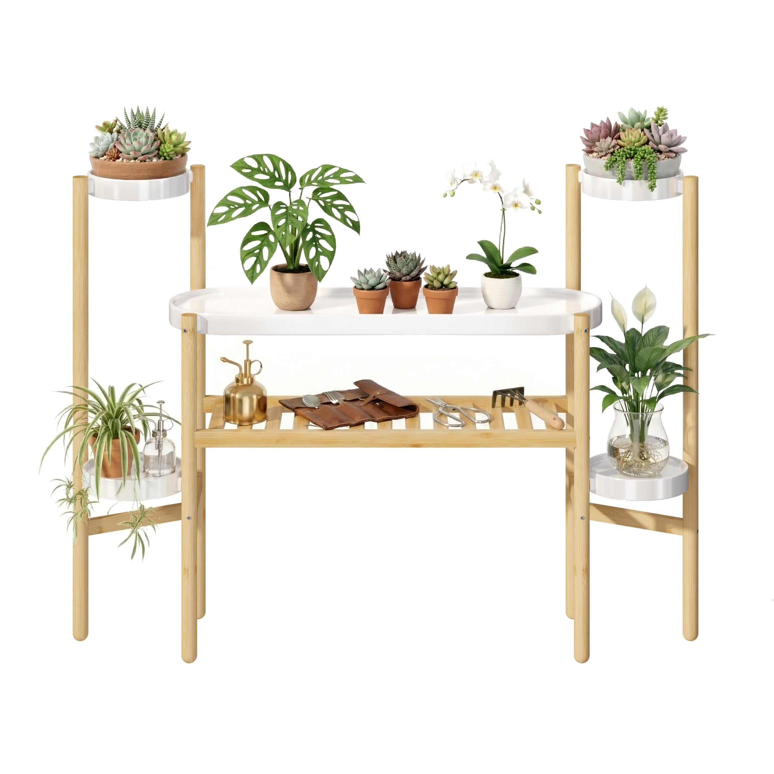 APRTAT Bamboo Plant Stand Indoor, Multi-Level 2 Tier Plant Shelf for Multiple Plants, Wooden Flower Pot Holder for Living Room, Balcony, Window & Patio, Holds 8 Pots, Natural Bamboo (4 Tier Shelf-2)
