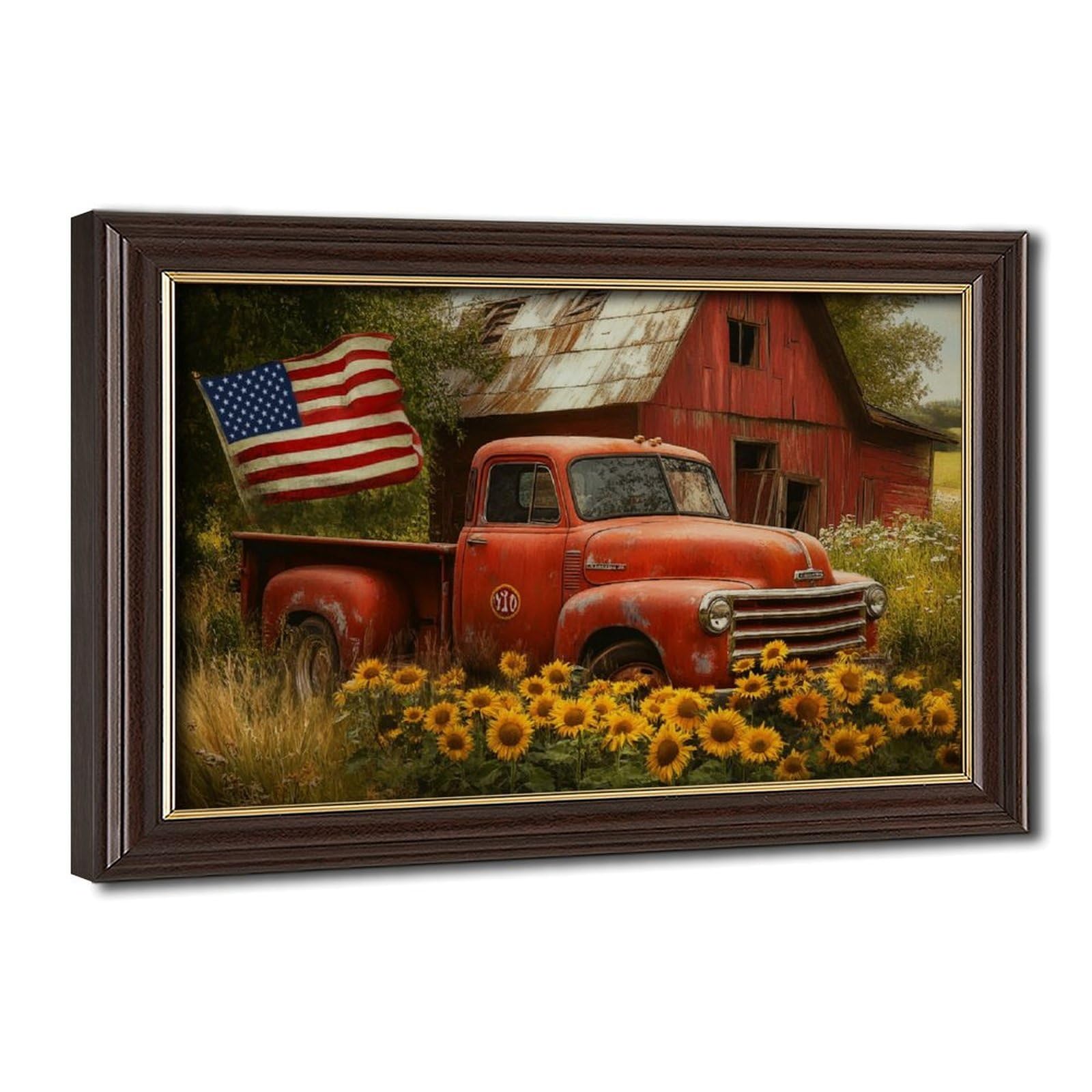UZWGG 1pcs Framed Wall Art Classic Farmhouse Pastoral Wall Decoration Red Old Barn Truck Canvas Print American Flag Decoration Painting Independence Day Gift Wrapped Canvas 24x36inch(60x90cm)