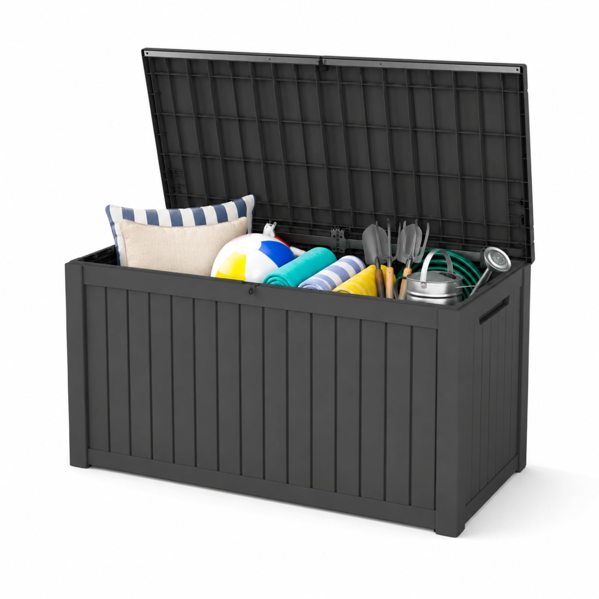 80 Gallon Deck Box with Wheels, Waterproof Resin Outdoor Storage, Easy Assembly, Rolling Bin for Patio Cushions, Pool Toys & Garden Tools, Brown