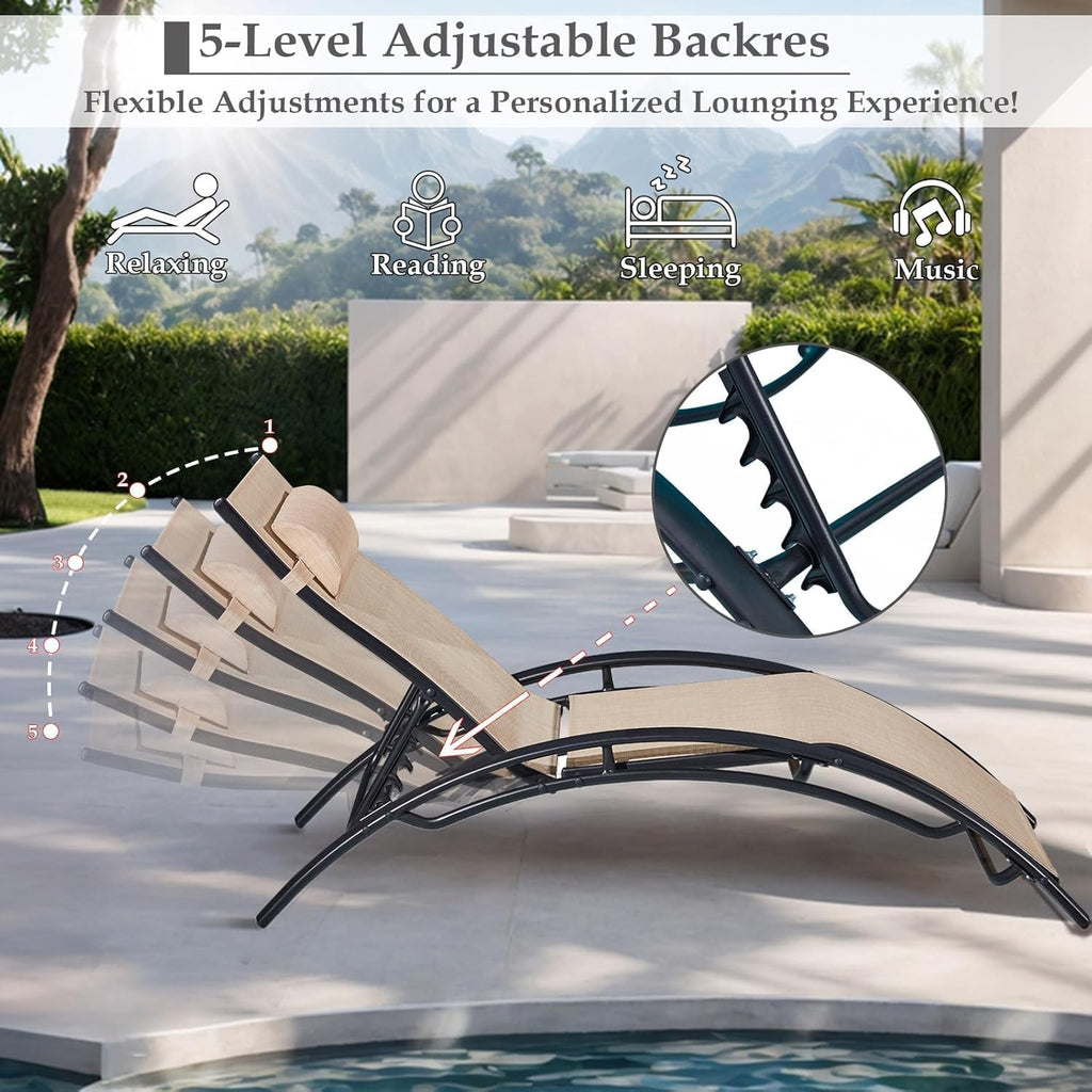 3PC Khaki Reclining Chaise Lounge with Side Table
