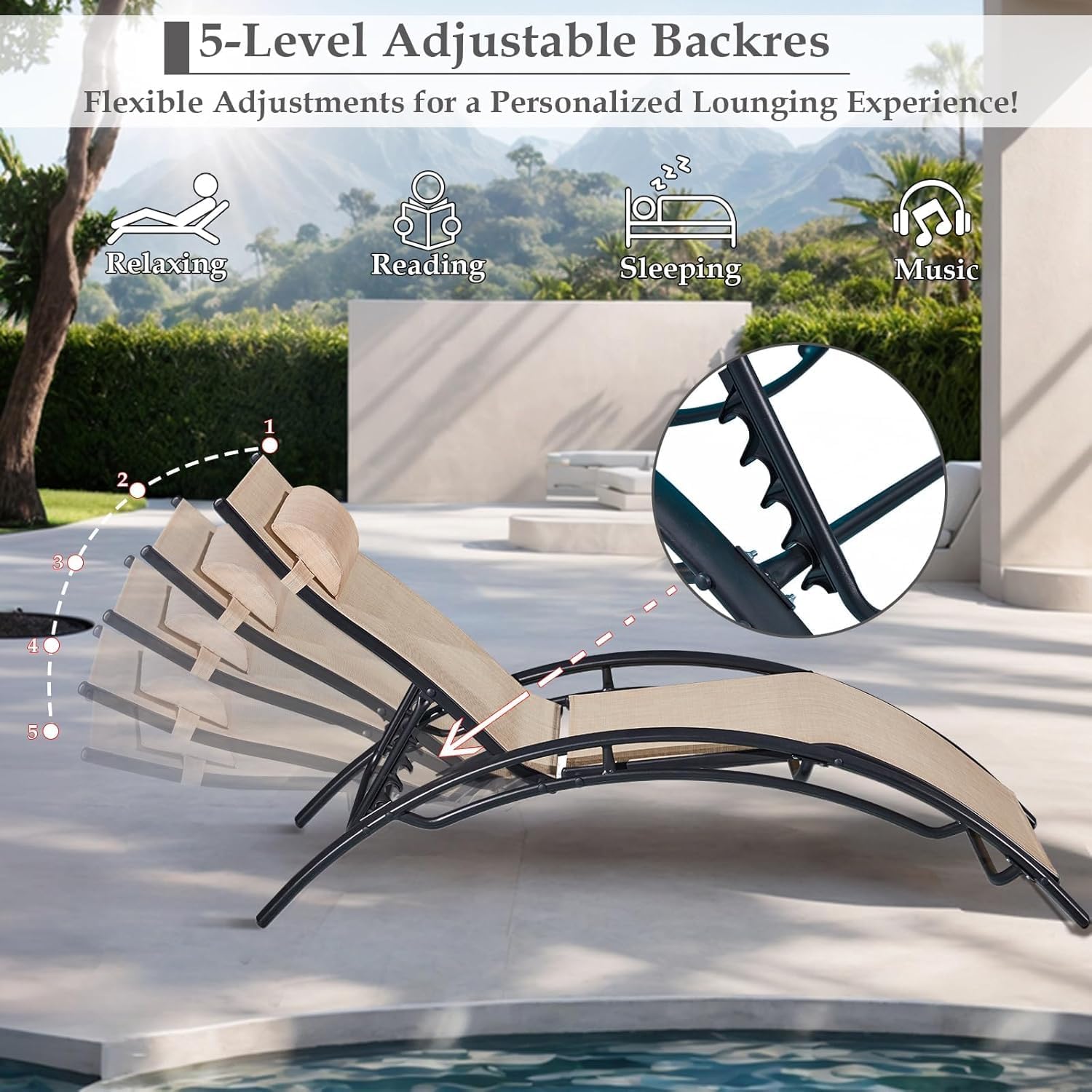 3PC Khaki Reclining Chaise Lounge with Side Table