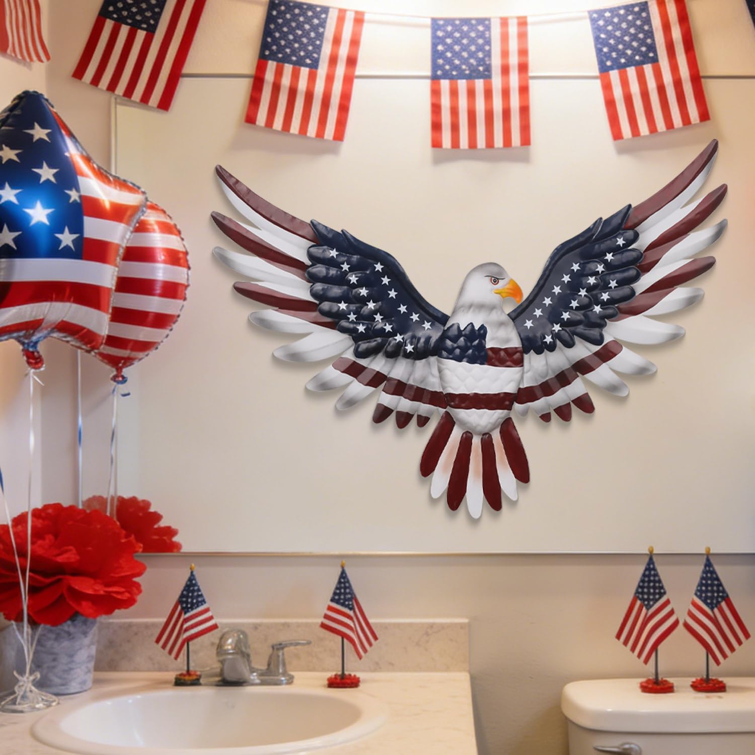 Patriotic Bald Eagle Metal Wall Hanging, Indoor & Outdoor Holiday Decor