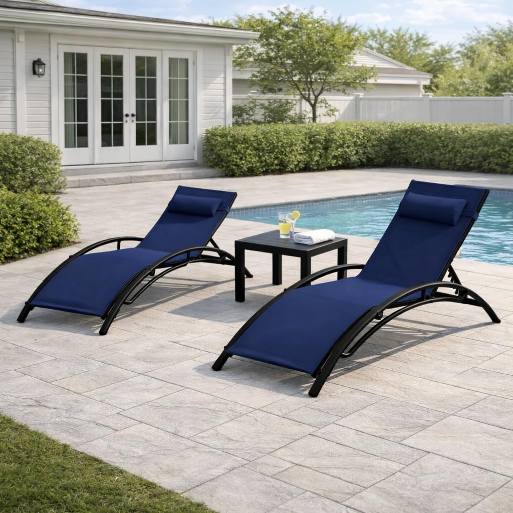 3PC Khaki Reclining Chaise Lounge with Side Table