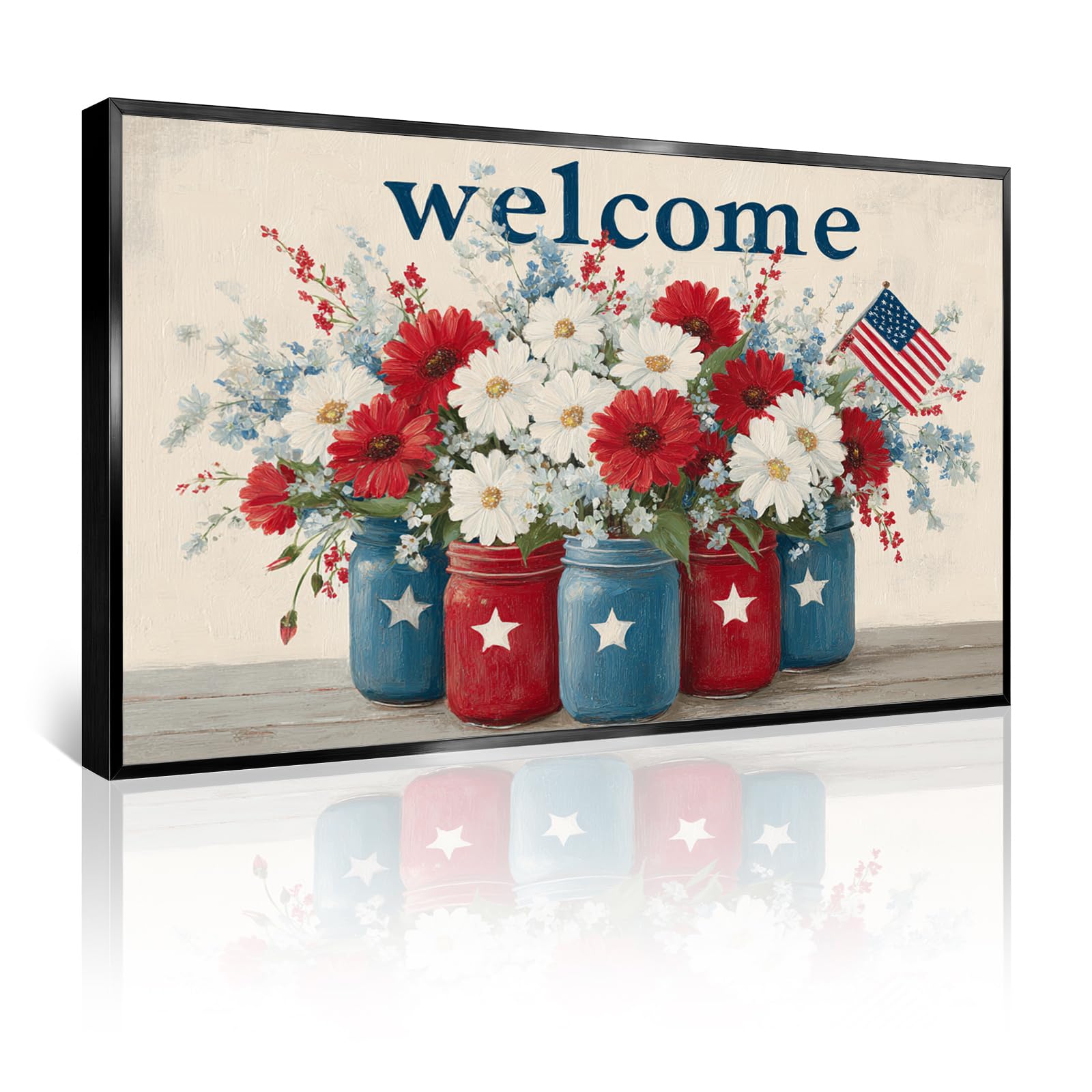 Azatyam American Flag Wall Art Patriotic Floral Picture USA Americana Decor Red White Rose Painting Wildflower Canvas Prints Vintage Country Style Artwork for Living Room Office Bedroom Wall Decor 16" x 24"