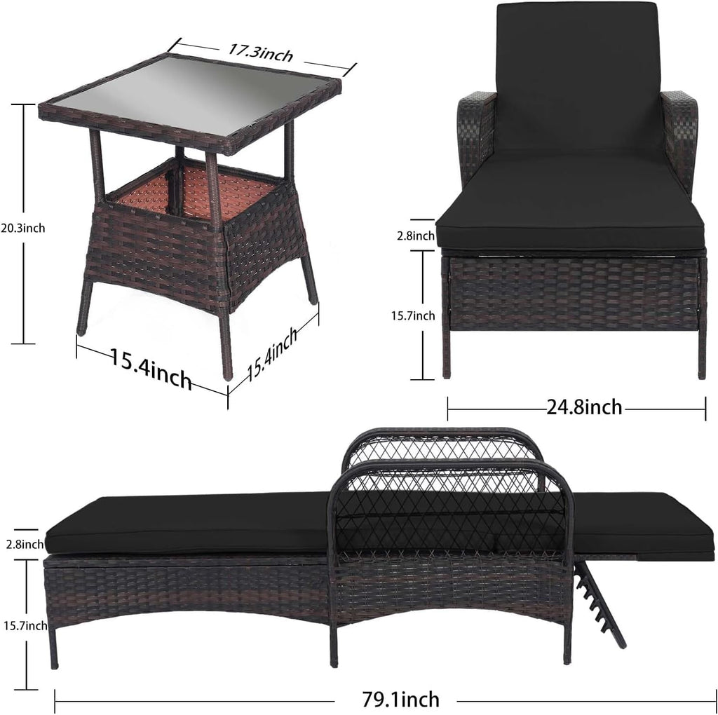 LEVELEVE Outdoor Wicker Chaise Lounge Sets, Patio Recliner Chairs with Tea Table