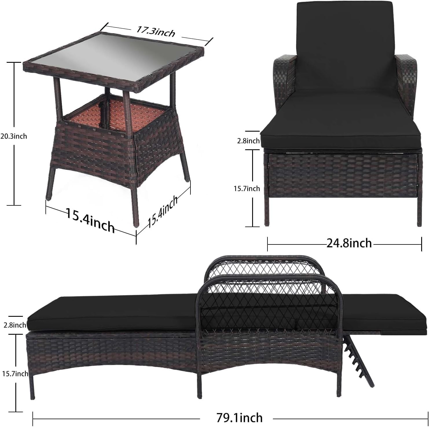 LEVELEVE Outdoor Wicker Chaise Lounge Sets, Patio Recliner Chairs with Tea Table