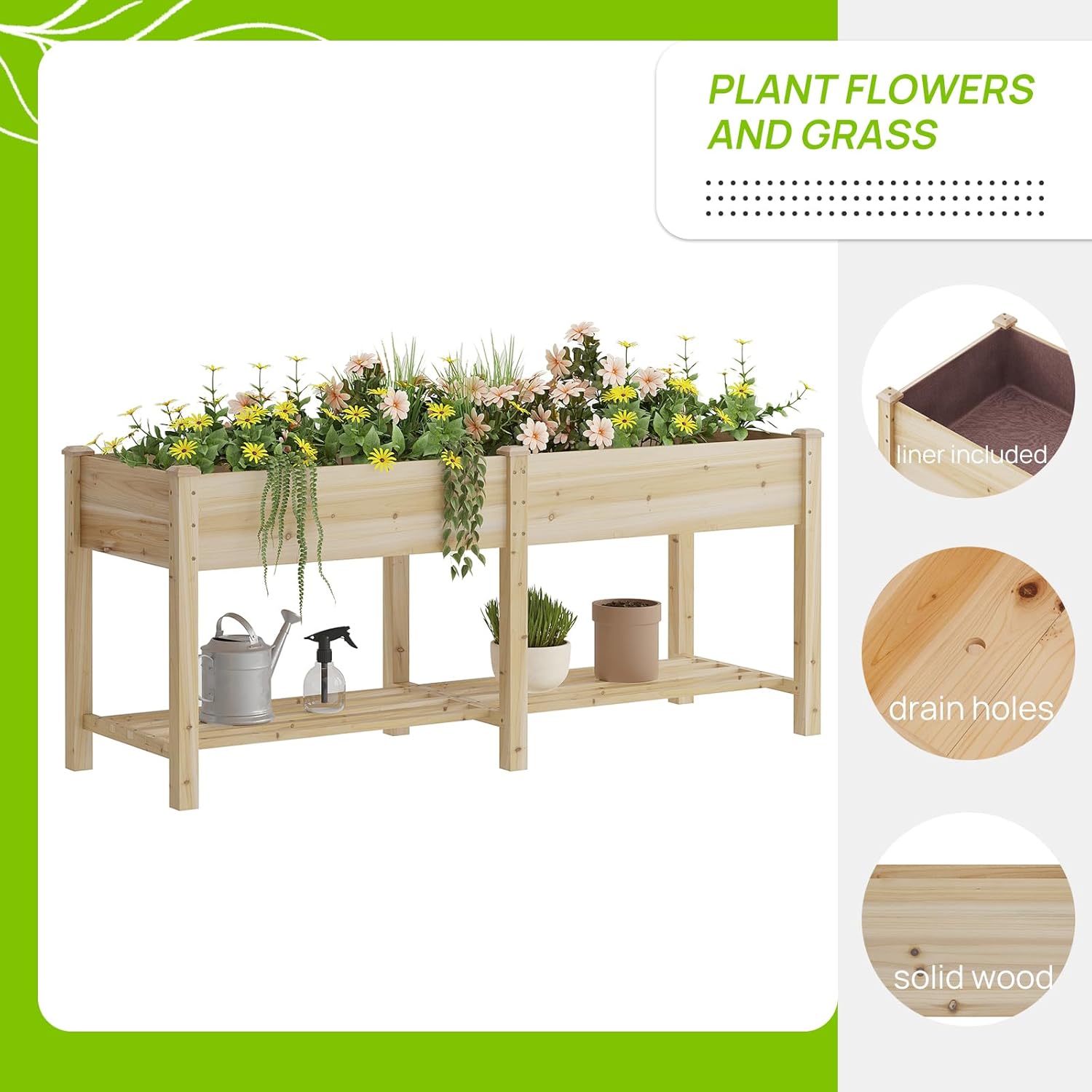 72x24x30.7in Wooden Planter Box with Storage Shelf Raised Garden Bed with Legs Elevated Wood Planter Box for Vegetables Flowers Herbs Garden Planter for Backyard Patio Balcony (Natural, Large)