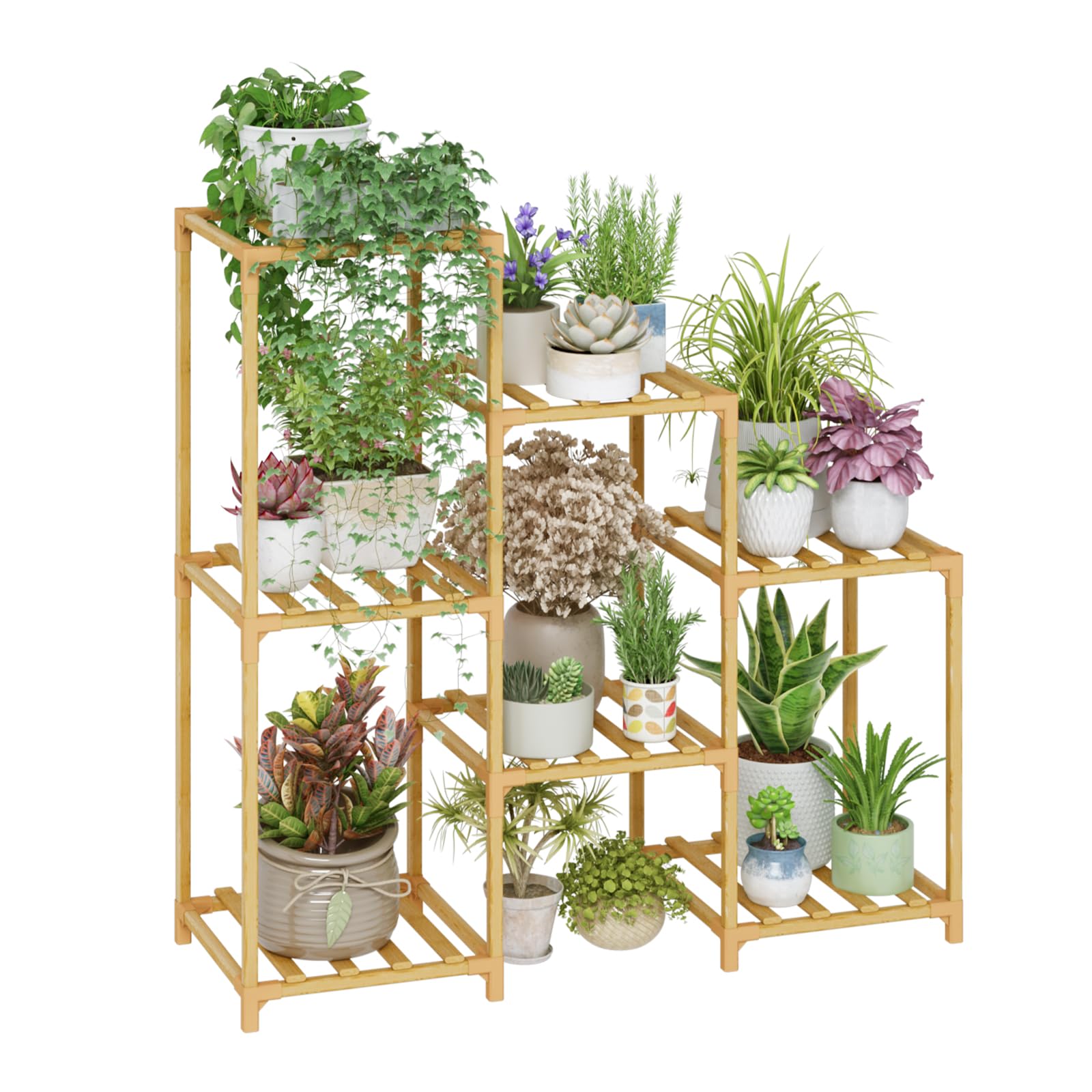 Bamworld Large Plant Shelf Outdoor Wood Plant Stand Large Rack for Living Room Patio, Balcony and Garden