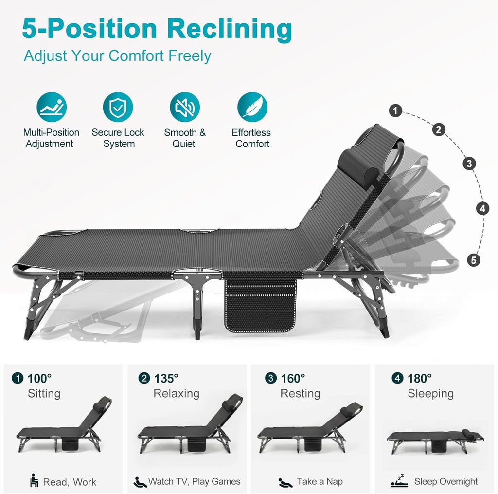 ABORON Chaise Lounge Chair,5 Positions Padded Outdoor Tanning Chair,Heavy Duty Portable Lounge Chair for Outdoor Sunbathing Patio Pool Lawn Deck Poolside,Support up to 440 Lbs