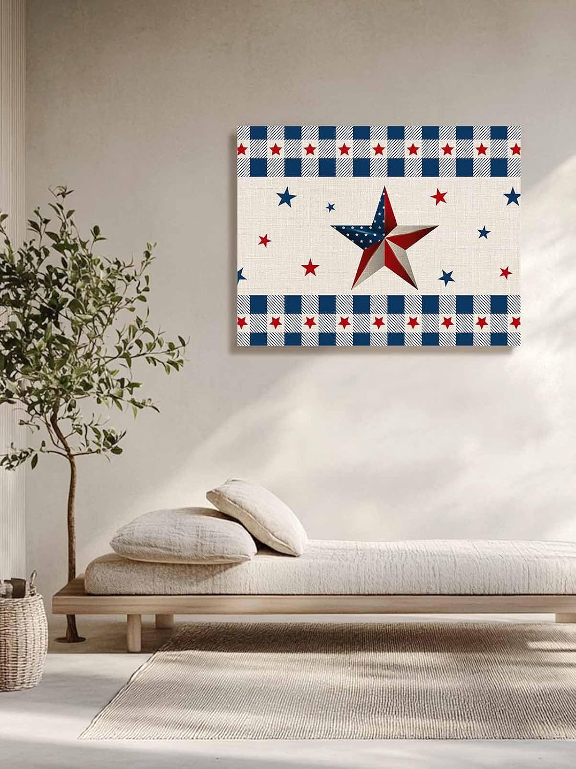 Vintage American Country Stars Blue Red Canvas Wall Art Retro Linen Burlap Wall Painting Canvas Picture Prints Framed Artwork for Office Bedroom Bathroom Kitchen Home Decorations,20x16In
