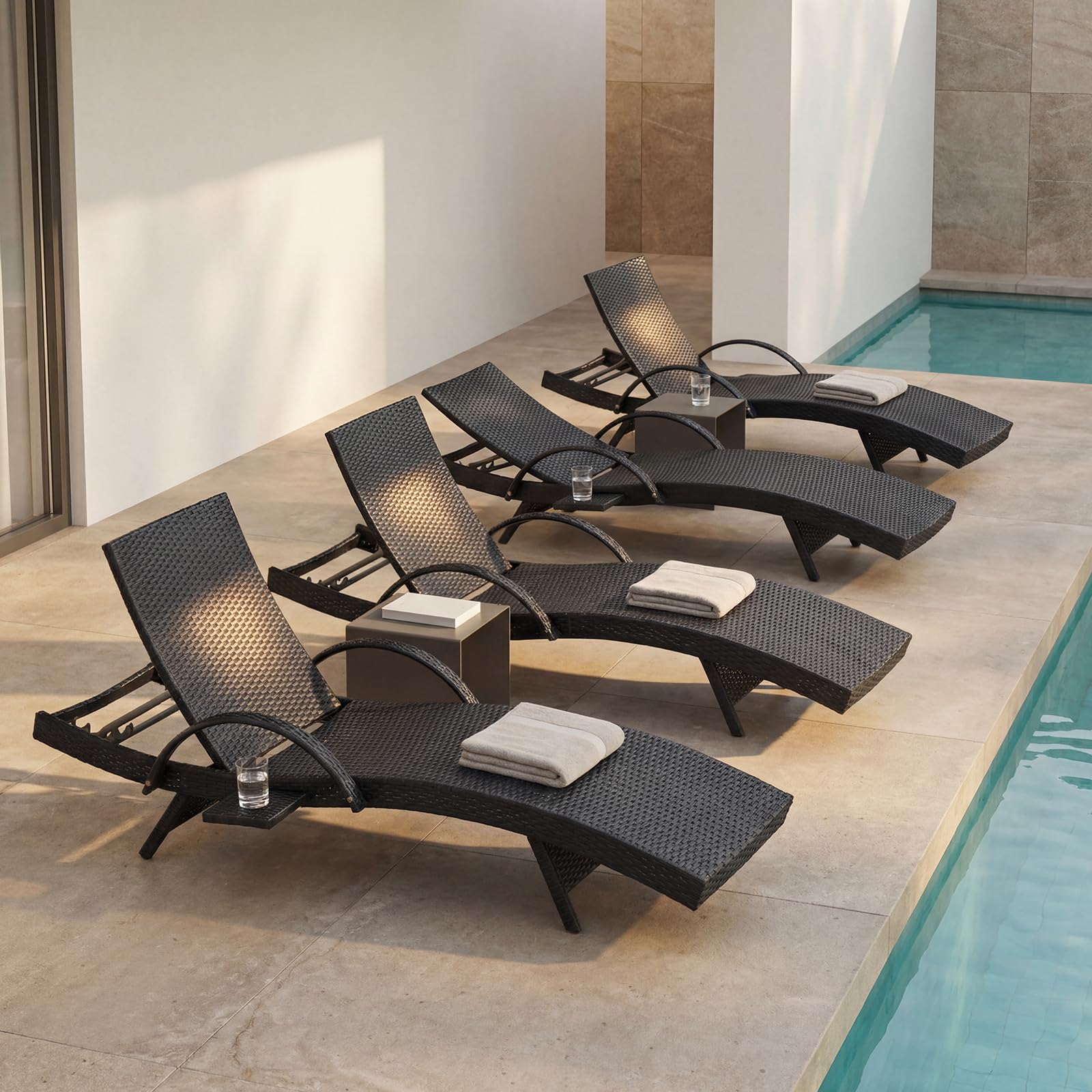 Set of 2 Gray Outdoor Chaise Lounge Chairs, Wicker Patio Lounge Chairs with Adjustable Backrest and Armrests, Durable PE Rattan Pool Chair for Patio, Poolside and Garden