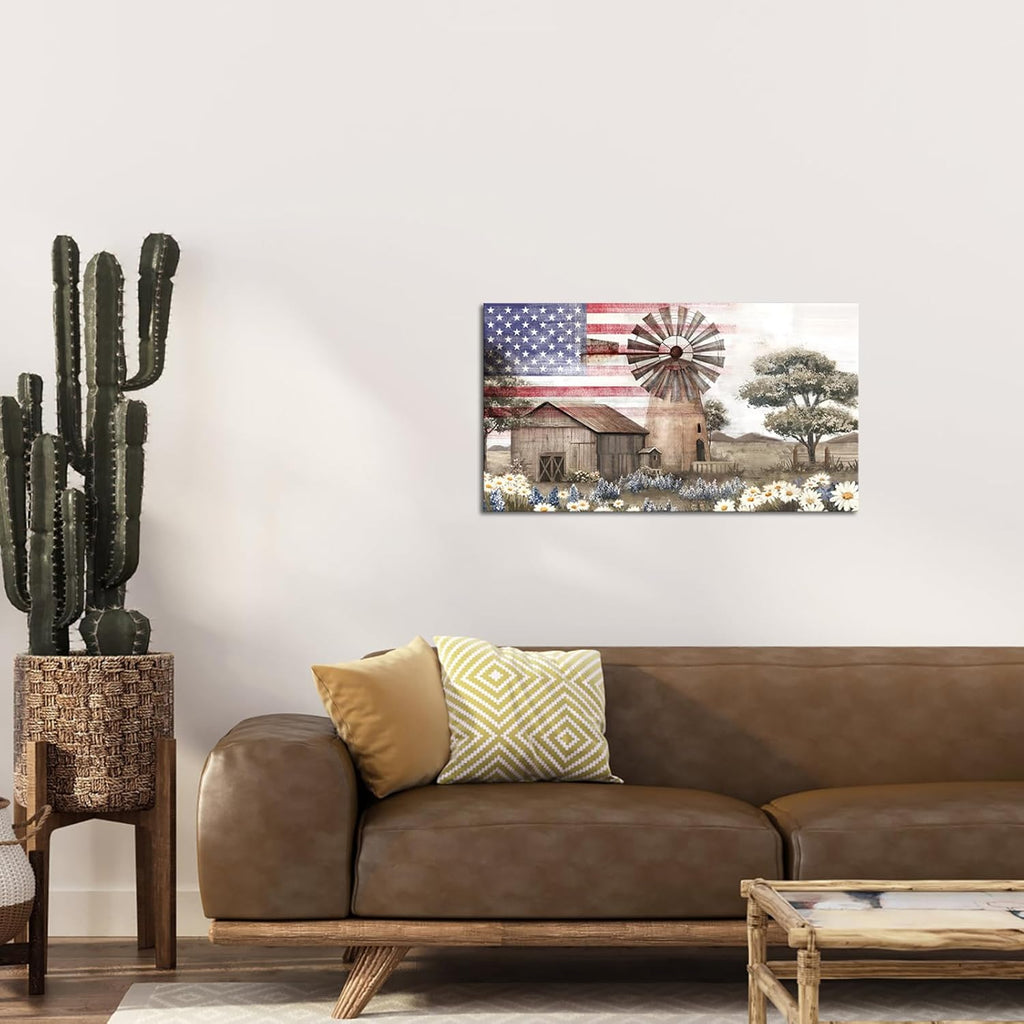 Conipit Rustic Farmhouse Wall Art American Flag Farmhouse Wall Decor with Barn and Windmill Patriotic Country Decor, Canvas Print 20''x36'' (brown red)