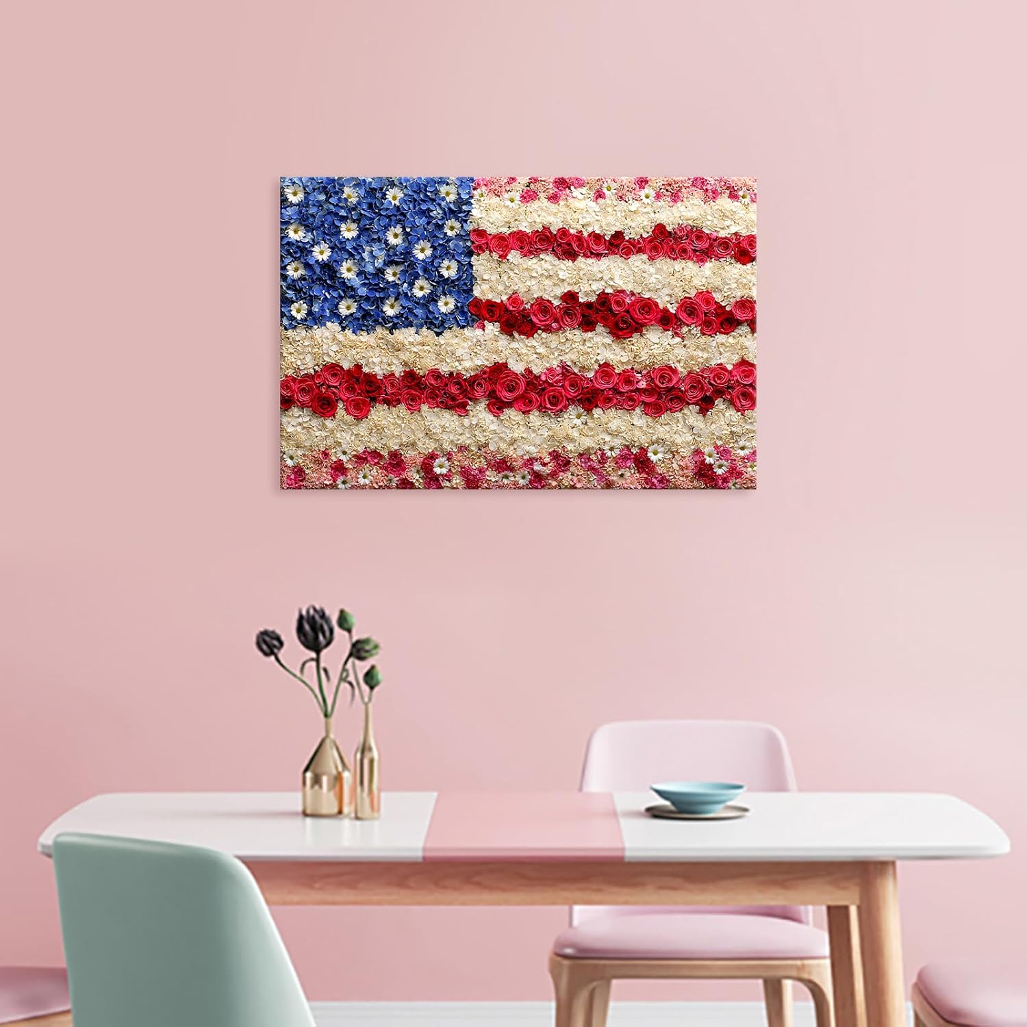 Azatyam American Flag Wall Art Patriotic Floral Picture USA Americana Decor Red White Rose Painting Wildflower Canvas Prints Vintage Country Style Artwork for Living Room Office Bedroom Wall Decor 16" x 24"