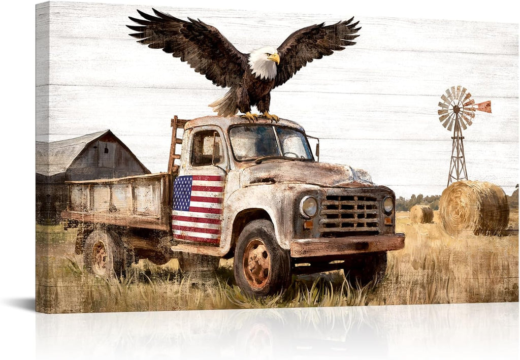 Fochorlo Farm Wall Decor Rustic Truck Wall Art Bald Eagle Painting American Flag Picture for Living Room Bed Room 20"X36"