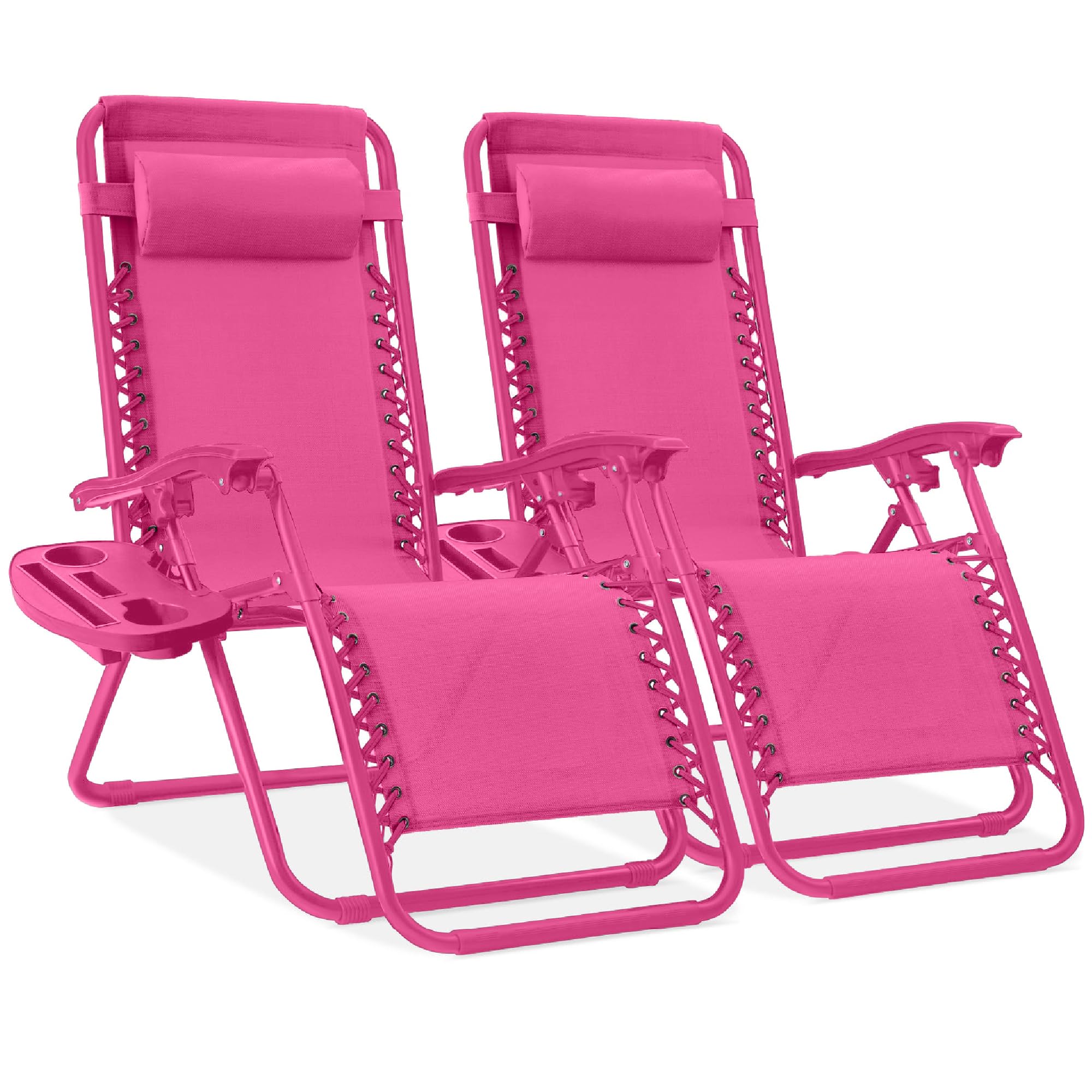 Best Choice Products Set of 2 Adjustable Steel Mesh Zero Gravity Lounge Chair Recliners w/Pillows and Cup Holder Trays - Ice Gray