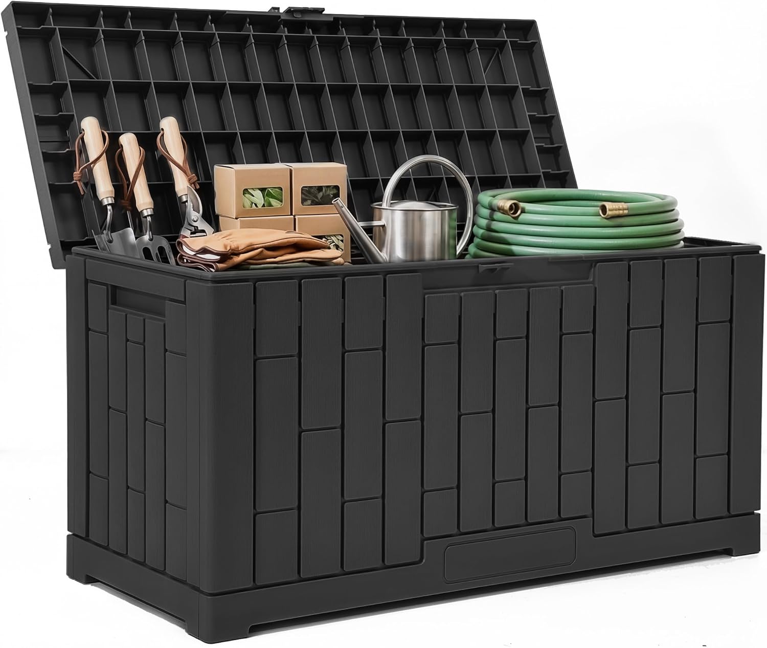 YITAHOME 80 Gallon Resin Deck Box, Weather Resistant Outdoor Rattan Storage Box, Lockable Indoor Outdoor Storage for Supplies and Essentials, Dark Gray