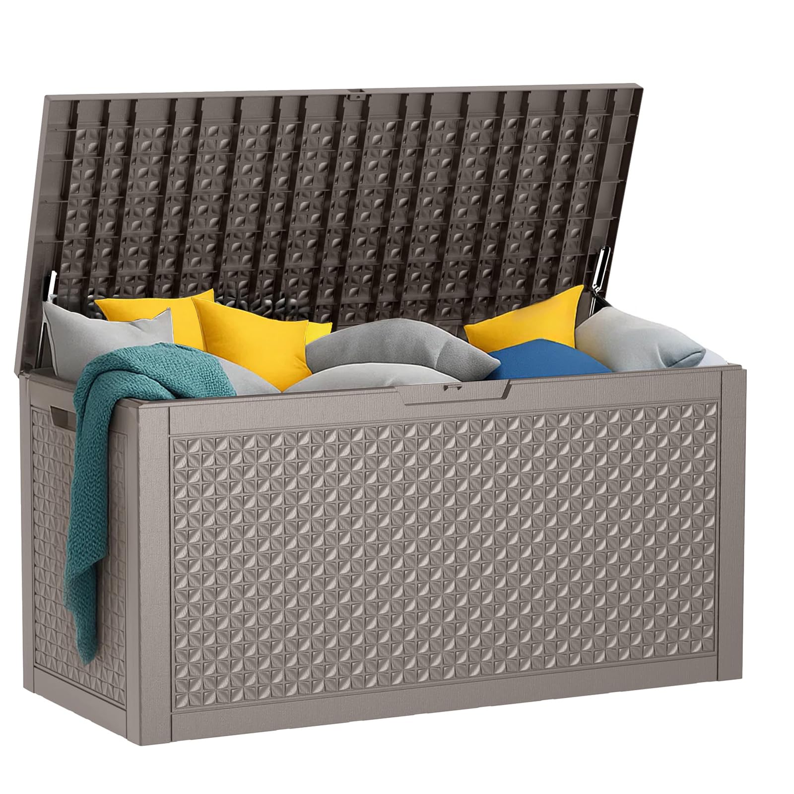 PatioZen 31 Gallon Wicker Pattern Resin Deck Box, Lockable Patio Outdoor Storage Box for Furniture, Garden Tools and Tools Storage, Waterproof Outside Storage Box (Grey)
