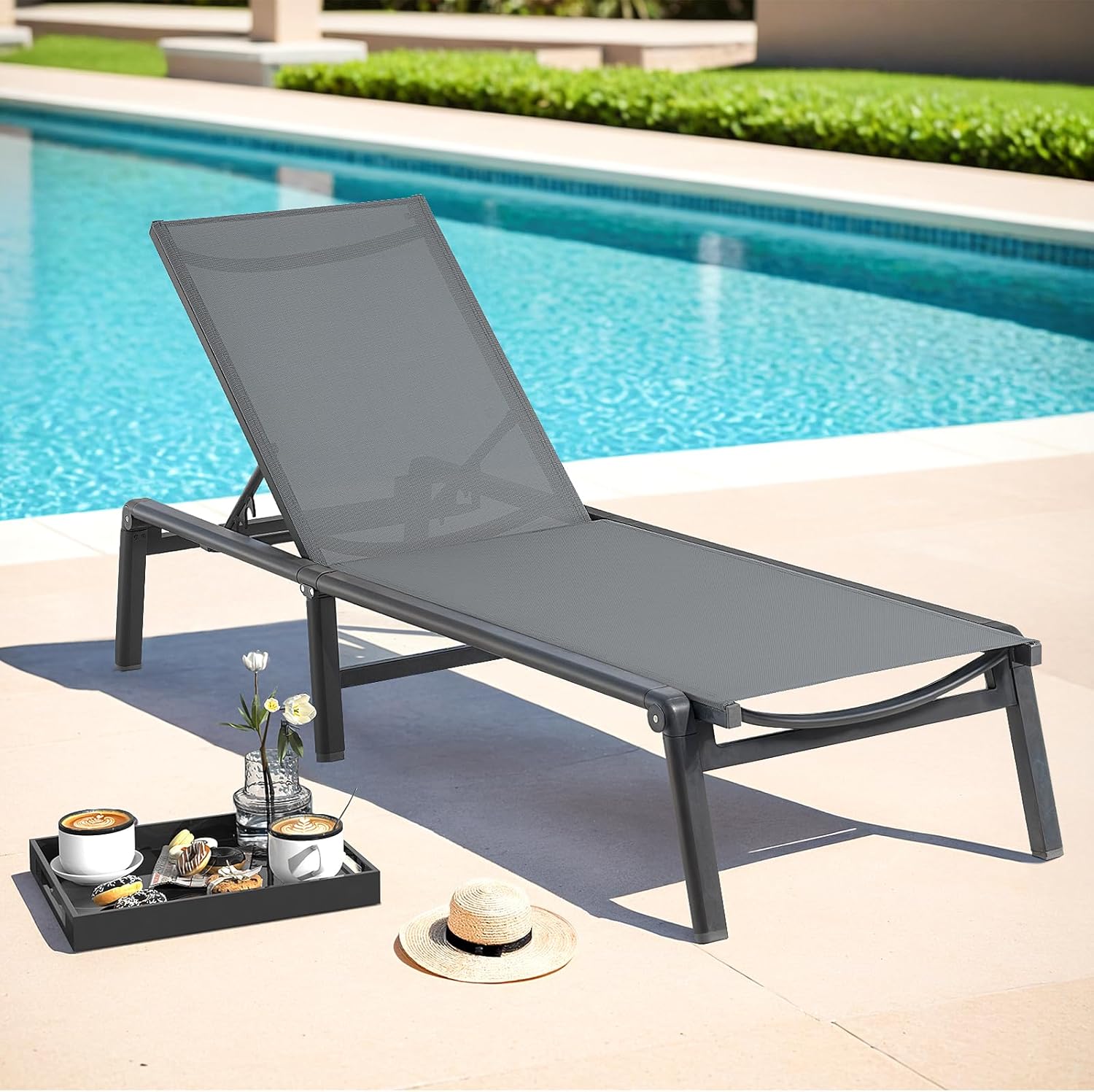 ONBRILL Aluminum Chaise Lounge Chair Outdoor, Foldable & Assembly Free Outdoor Lounge Chair with 5 Position Adjustable Backrest, Patio Pool Lounge Chairs for Outside Poolside Beach Lawn, 1PC, Khaki