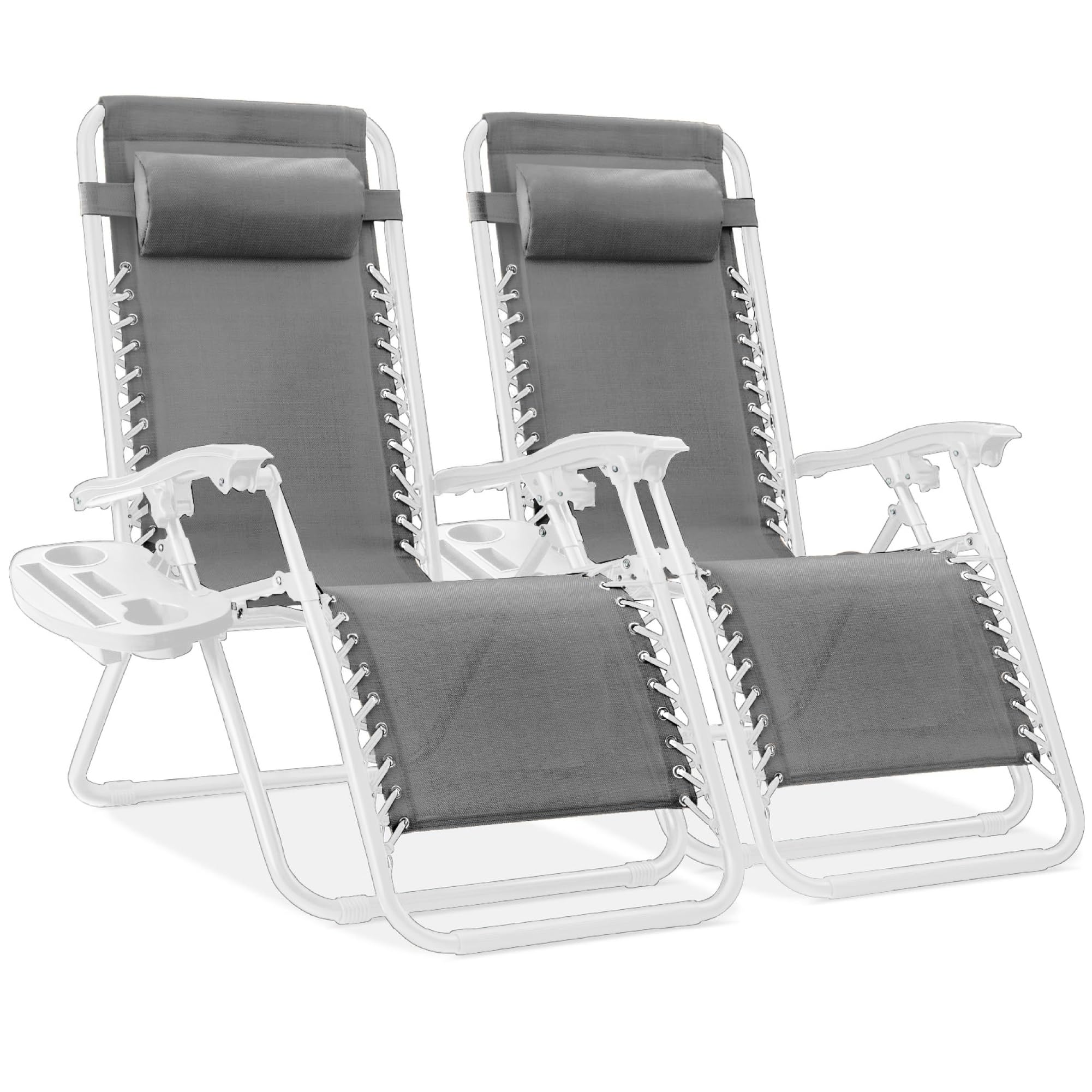 Best Choice Products Set of 2 Adjustable Steel Mesh Zero Gravity Lounge Chair Recliners w/Pillows and Cup Holder Trays - Ice Gray