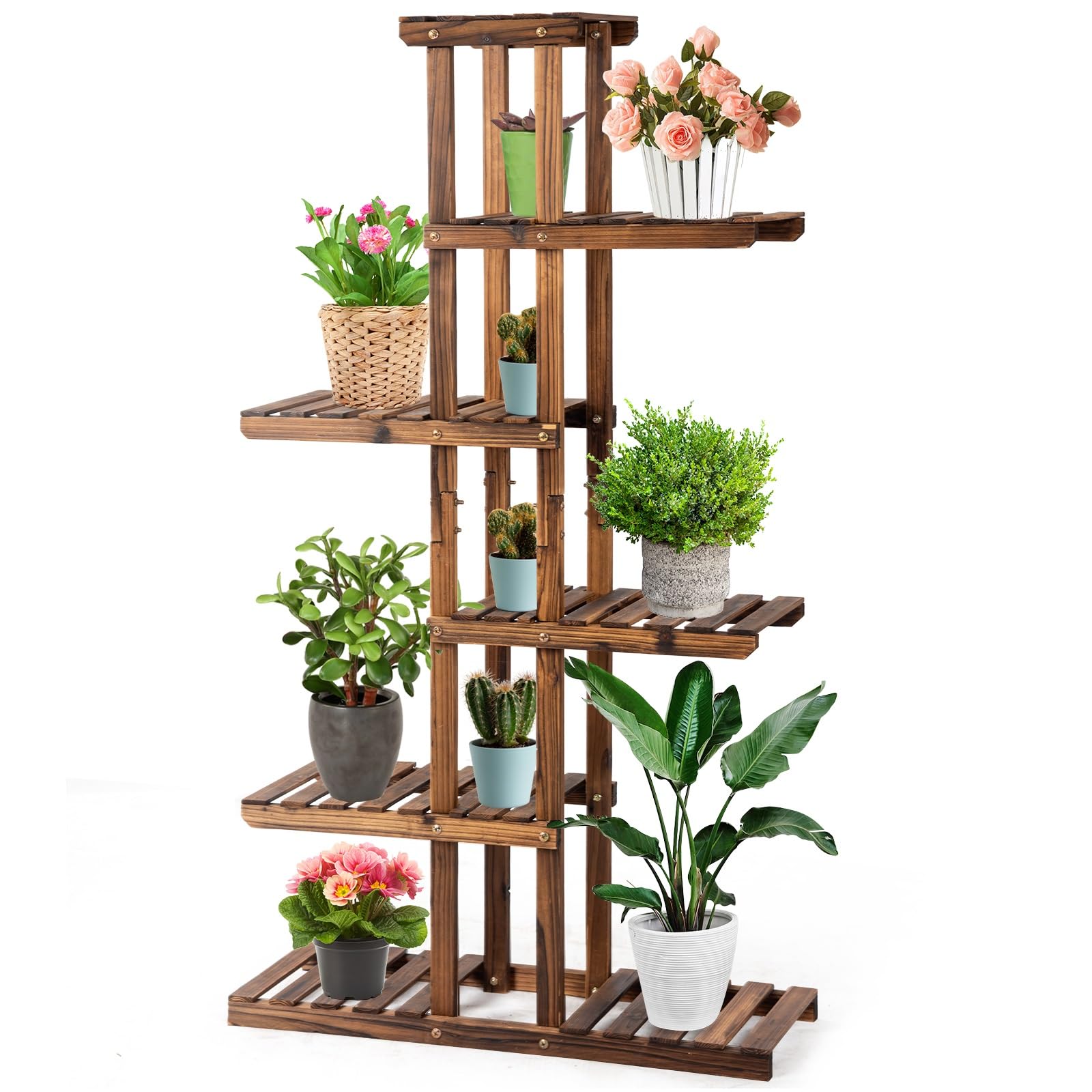 COSTWAY 6-Tier Multifunctional Wood Flower Stand, Shelf Holder for Multiple Plants, Freestanding Plant Rack for Garden, Patio, Balcony, Living Room, Indoor, Outdoor