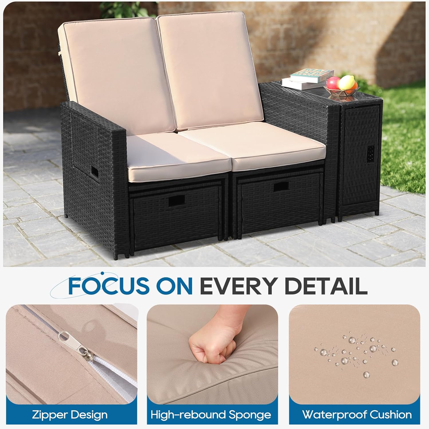 5PCS Outdoor Wicker Chaise Lounge Chair - Rattan Adjustable Reclining Patio Lounge Chair with Ottoman and Coffee Table, for Patio Beach Pool Backyard (Black Wicker Khaki Cushion)