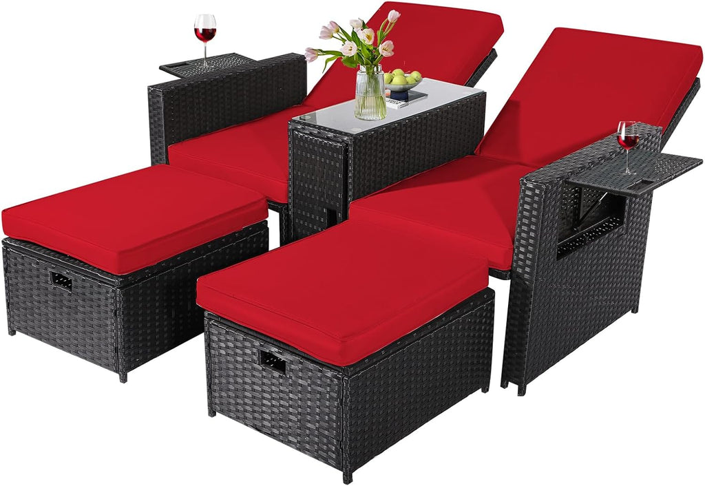 5PCS Outdoor Wicker Chaise Lounge Chair - Rattan Adjustable Reclining Patio Lounge Chair with Ottoman and Coffee Table, for Patio Beach Pool Backyard (Black Wicker Khaki Cushion)