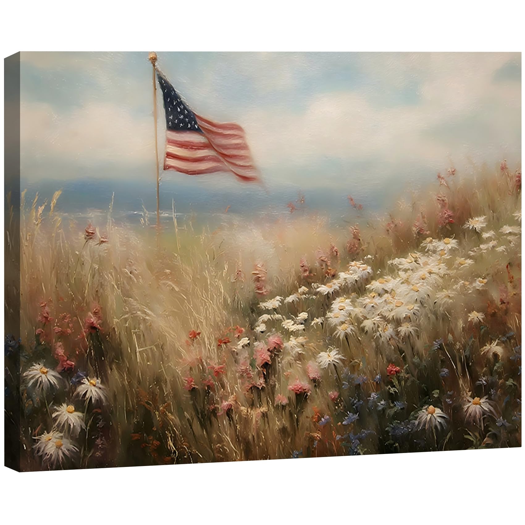 Vintage American Flag Wildflower Canvas Wall Art for Living Room, Framed Patriotic 4th of July Canvas Prints Pictures, Rustic Farmhouse Artwork for Enterway Bedroom Bathroom Wall Decor
