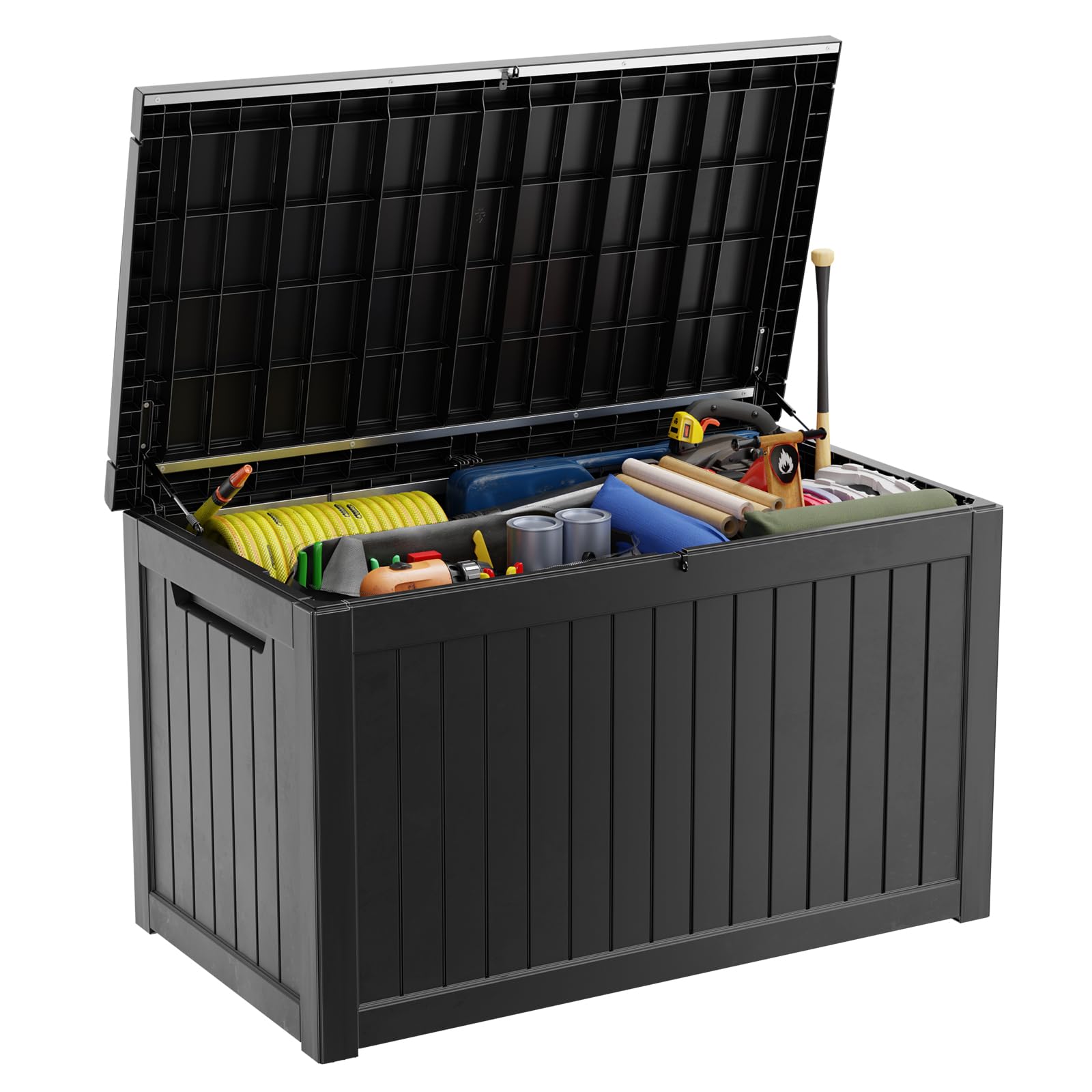 PatioZen 31 Gallon Wicker Pattern Resin Deck Box, Lockable Patio Outdoor Storage Box for Furniture, Garden Tools and Tools Storage, Waterproof Outside Storage Box (Grey)