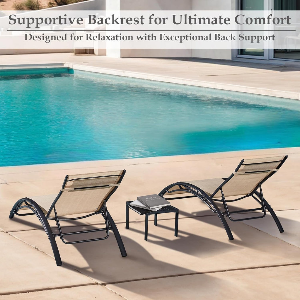 3PC Khaki Reclining Chaise Lounge with Side Table