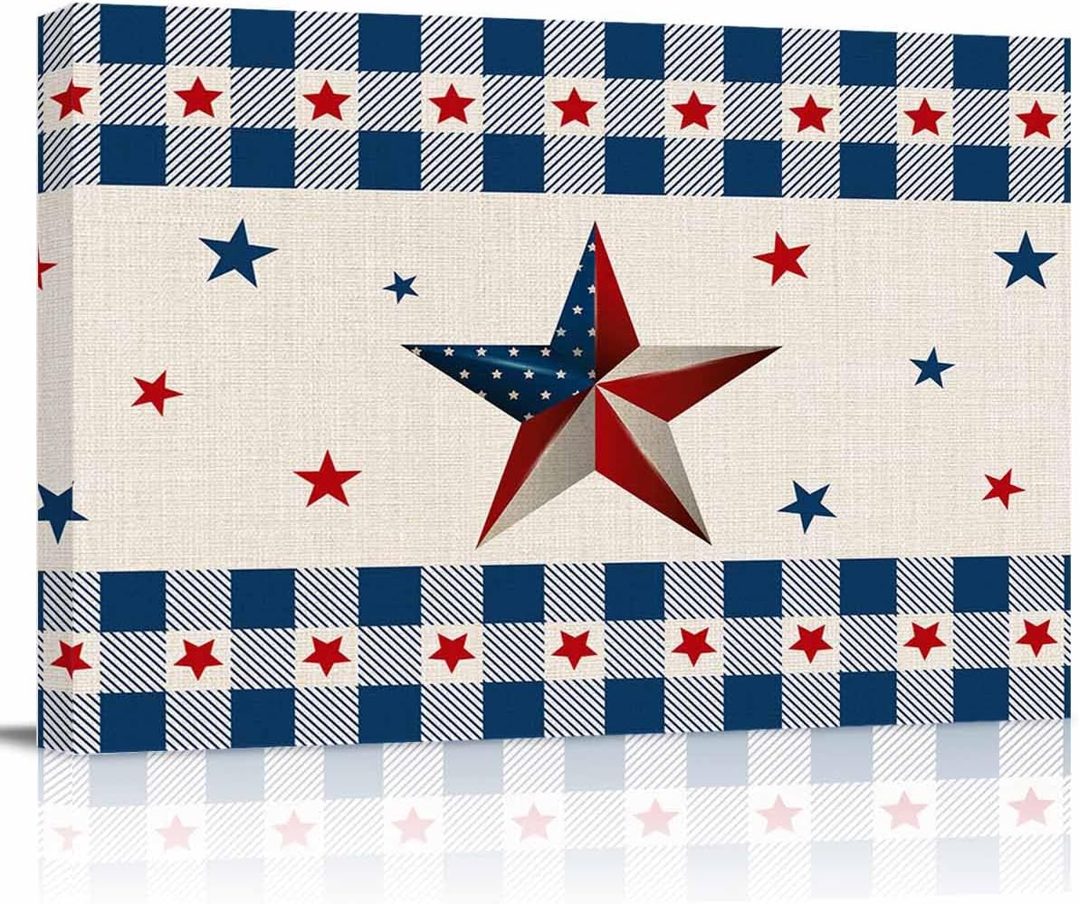 Vintage American Country Stars Blue Red Canvas Wall Art Retro Linen Burlap Wall Painting Canvas Picture Prints Framed Artwork for Office Bedroom Bathroom Kitchen Home Decorations,20x16In
