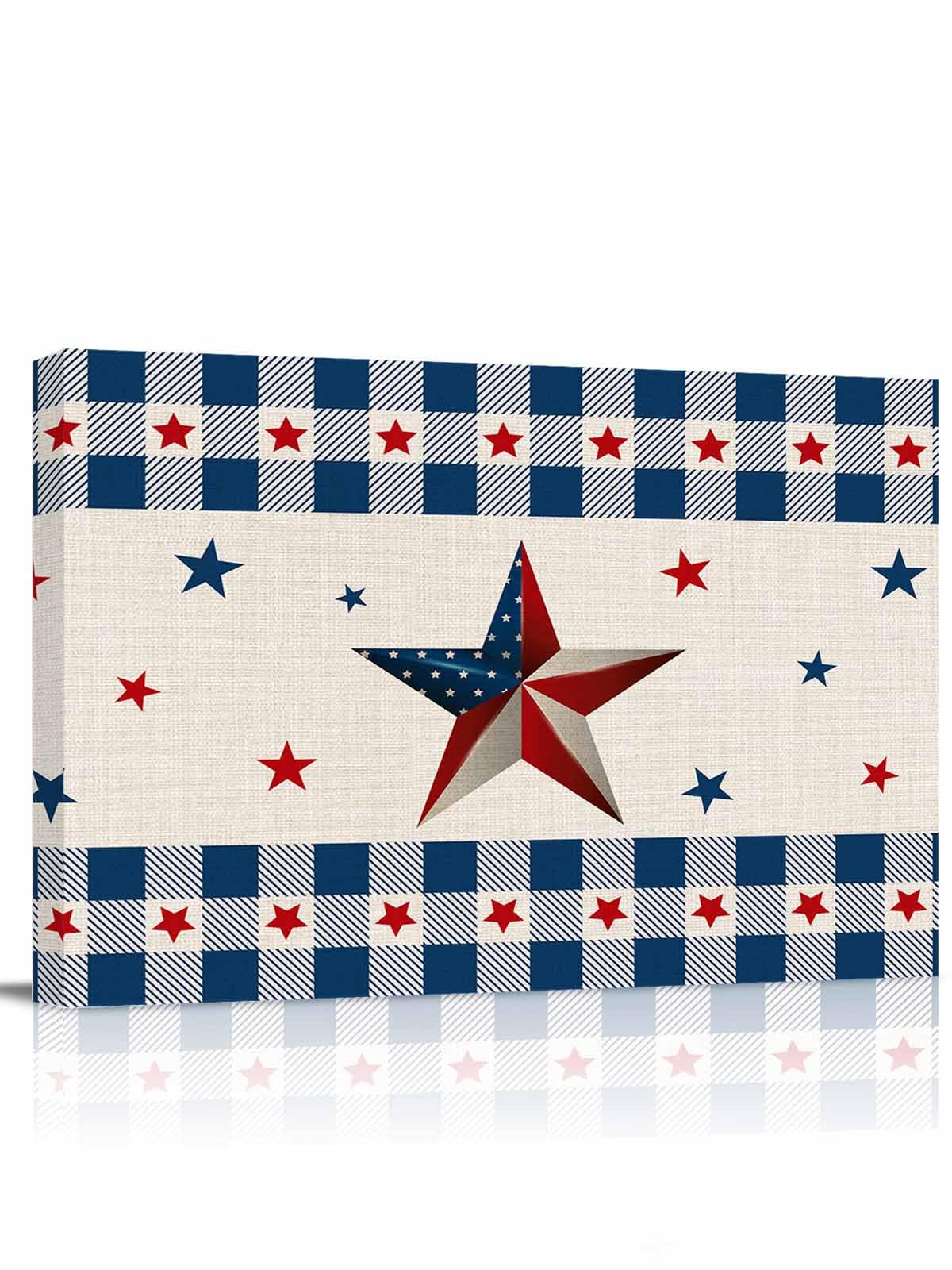 Vintage American Country Stars Blue Red Canvas Wall Art Retro Linen Burlap Wall Painting Canvas Picture Prints Framed Artwork for Office Bedroom Bathroom Kitchen Home Decorations,20x16In