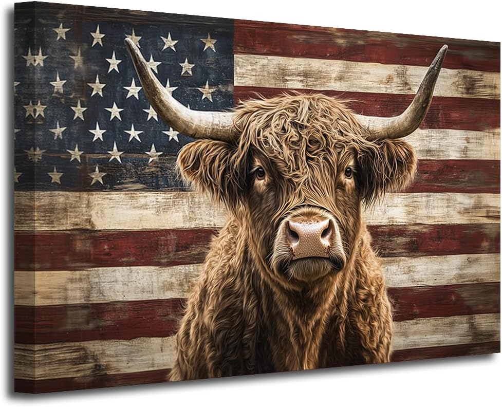 LZIMU American Flag Wall Art Highland Cow Canvas Print Fluffy Longhaired Cow Painting Vintage USA Flag Rustic Farmhouse Decor for Man Cave Office Framed (Gray, 16" L x 20" W)