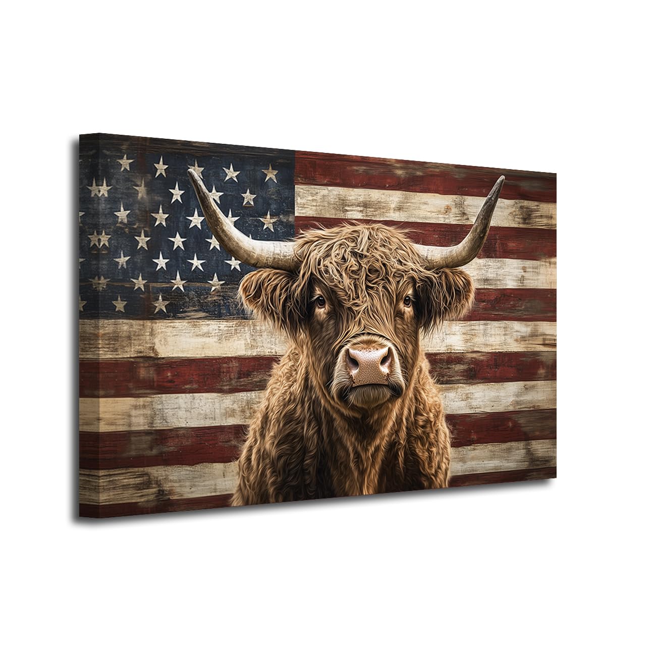 LZIMU American Flag Wall Art Highland Cow Canvas Print Fluffy Longhaired Cow Painting Vintage USA Flag Rustic Farmhouse Decor for Man Cave Office Framed (Gray, 16" L x 20" W)